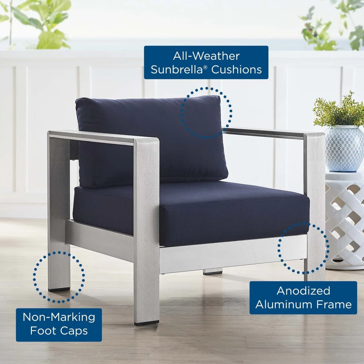 Durable Aluminum Outdoor Patio Armchair with Sunbrella® Cushions for Backyard & Poolside - Image 2