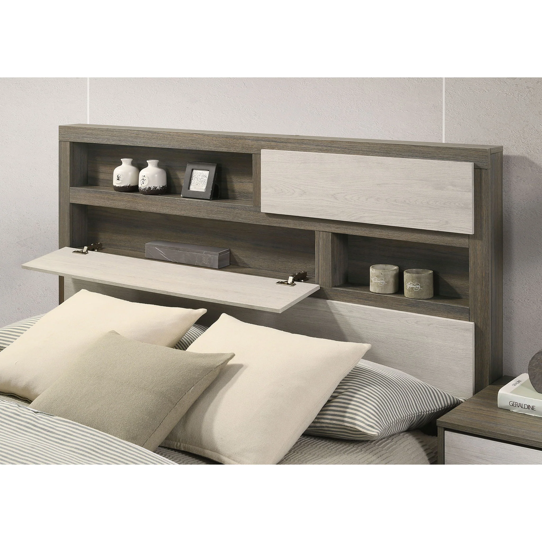 Eastern King Bed Bookcase Headboard With Hidden Storage - Oak - Image 7