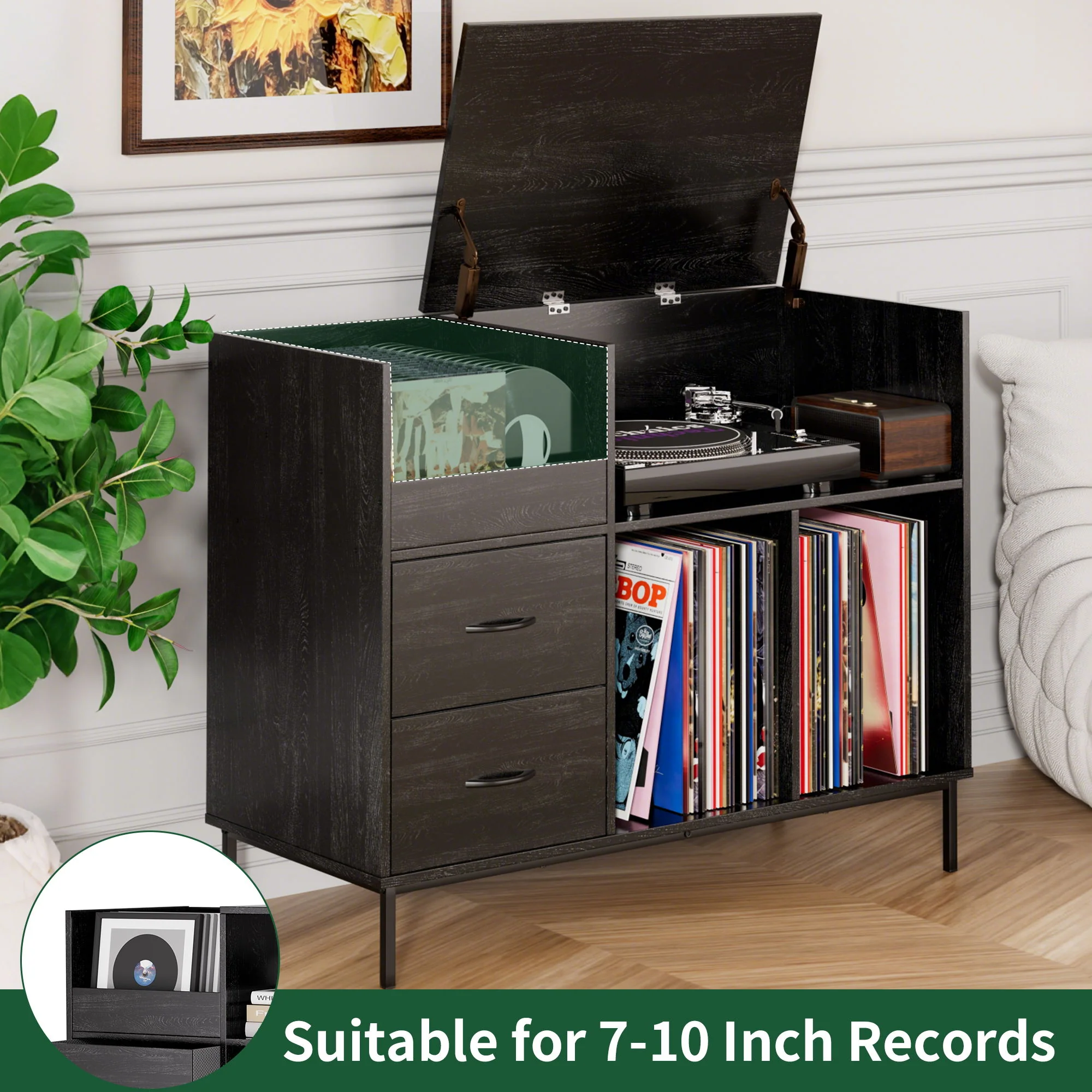 Eco-Friendly Vinyl Record Player Stand With Flip-Top Storage, Media Console With Dual Outlets And Dustproof Drawers - Image 9