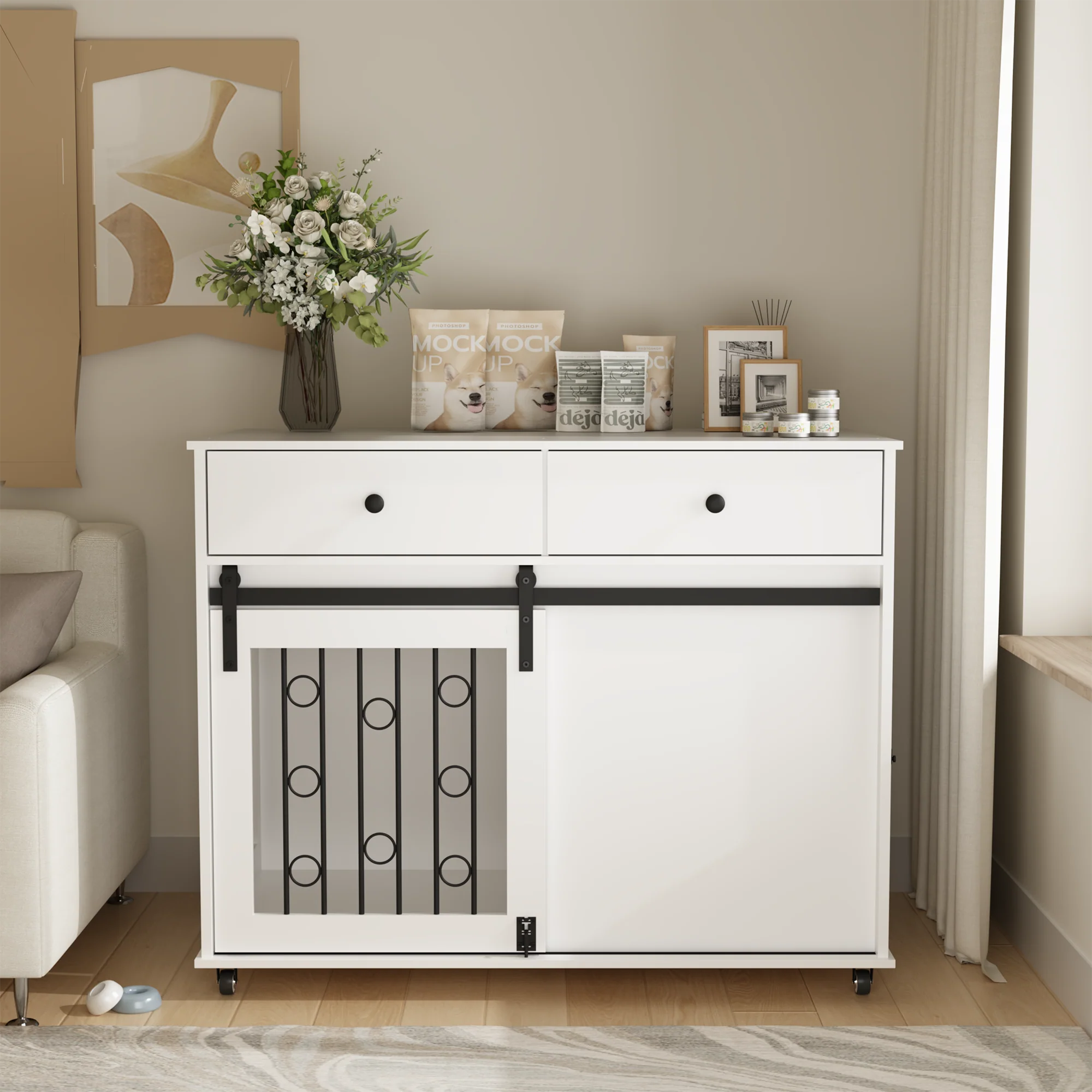 Elanora 39-Inch Sliding Barn Door Dog Crate Furniture with 2 Storage Drawers - Image 18