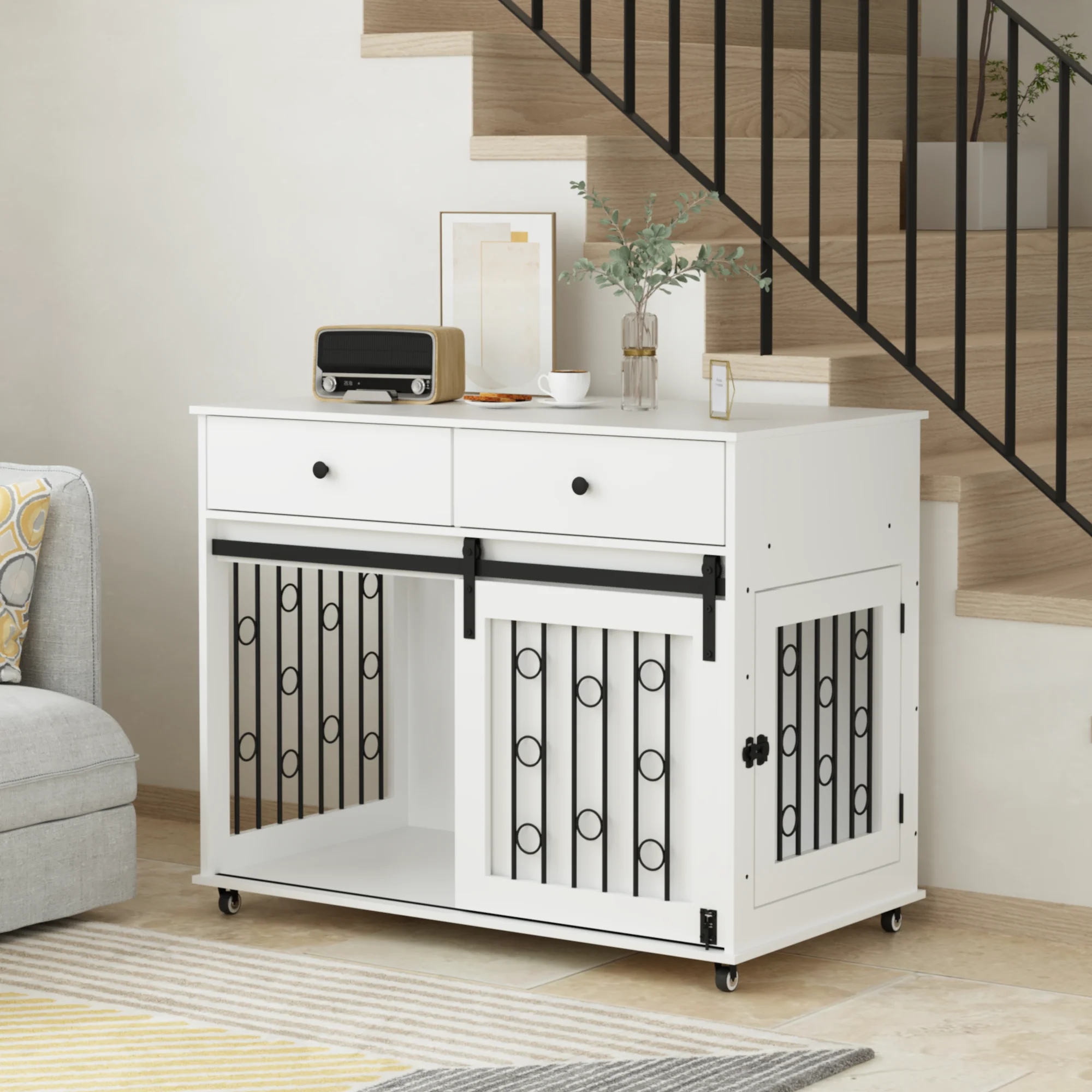 Elanora 39-Inch Sliding Barn Door Dog Crate Furniture with 2 Storage Drawers - Image 19
