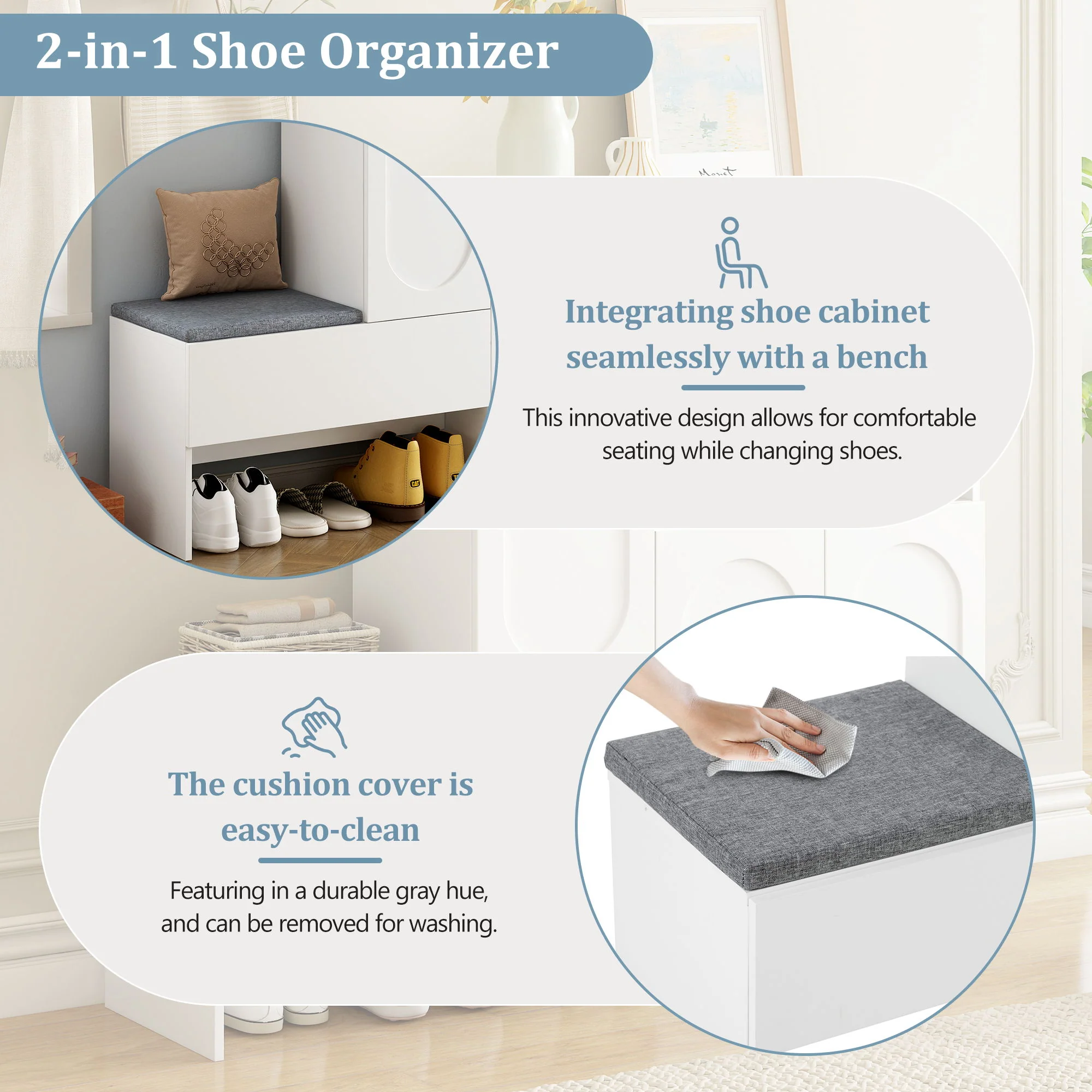 Elegant 2 In 1 Shoe Cabinets With Soft Cushion Versatile Shoe Rack Organizer With Adjustable Shelves - Image 13