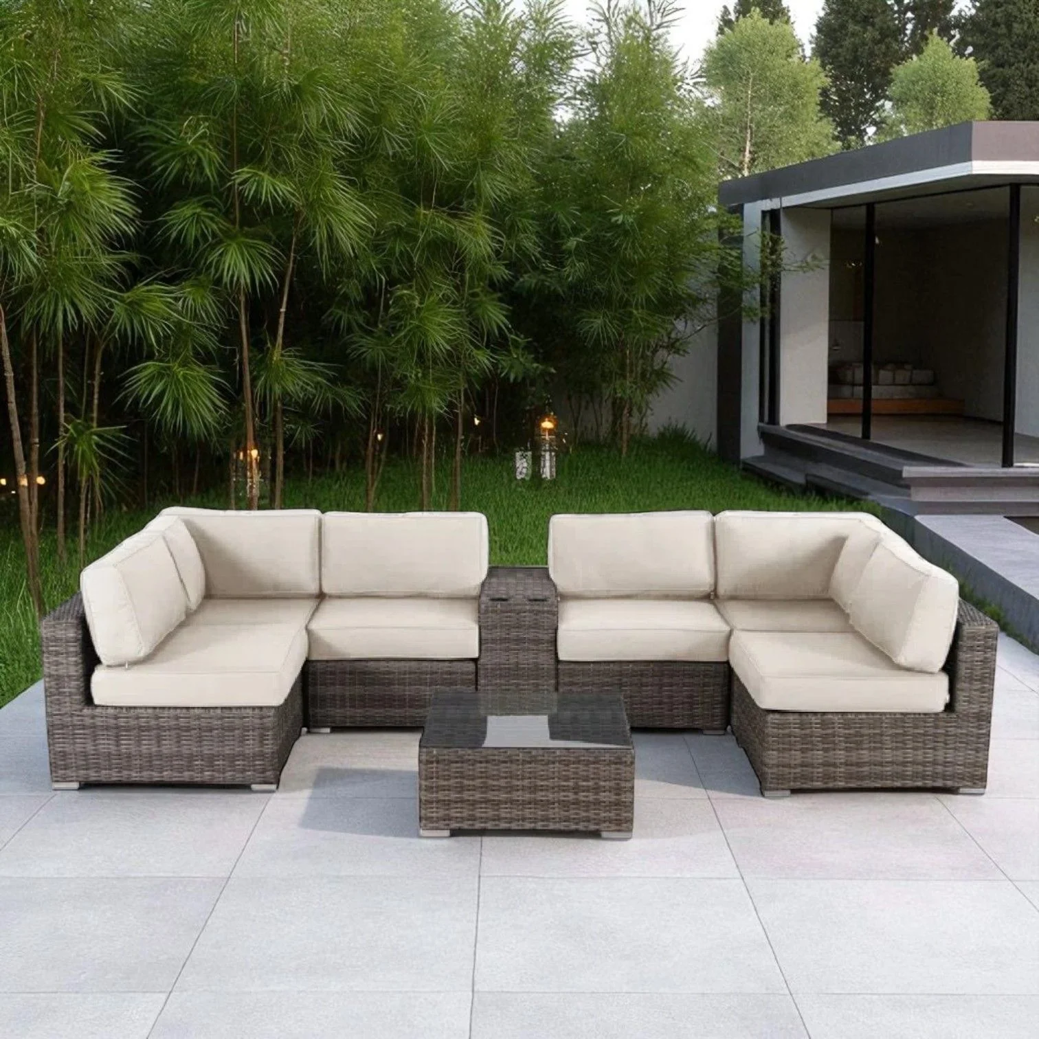 Elegant 4 Person Wicker Patio Seating Set With Cushions And Glass Top Table - Image 8