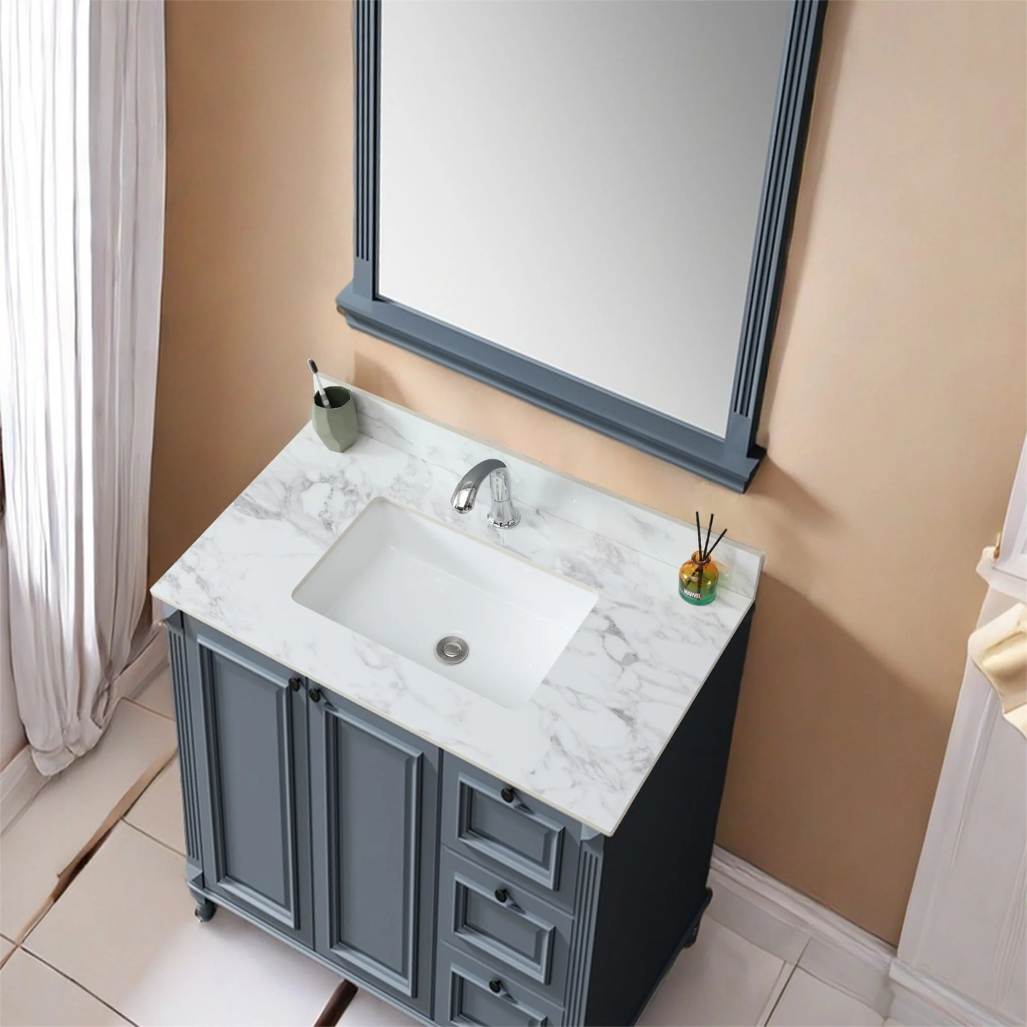 Elegant Bathroom Vanity Top With Rectangular Ceramic Sink And Backsplash - Image 6