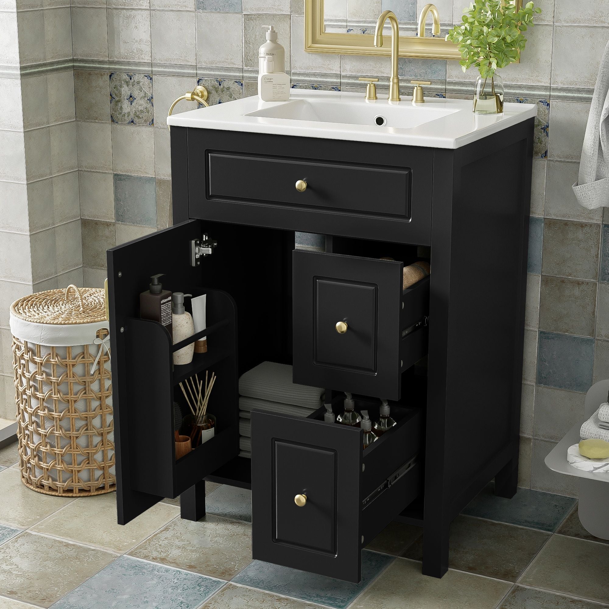 Elegant Bathroom Vanity With Ceramic Sink, Soft Close Doors And Drawers, Double Storage Racks - Image 20