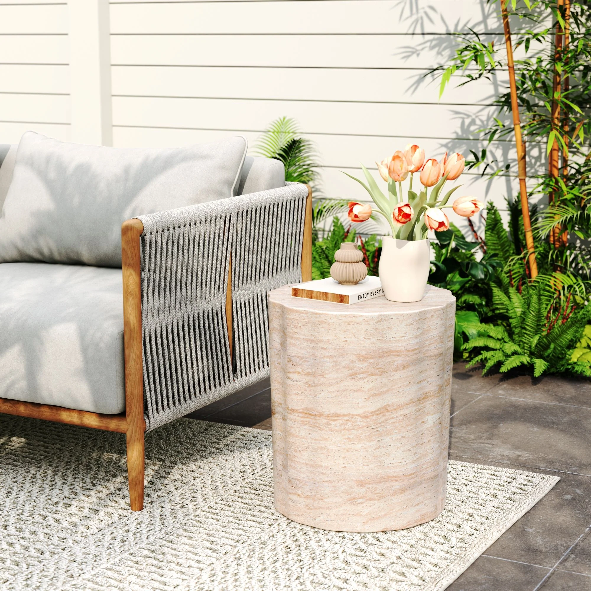 Elegant Indoor / Outdoor Lightweight Concrete Side Table With Travertine - Beige - Image 6