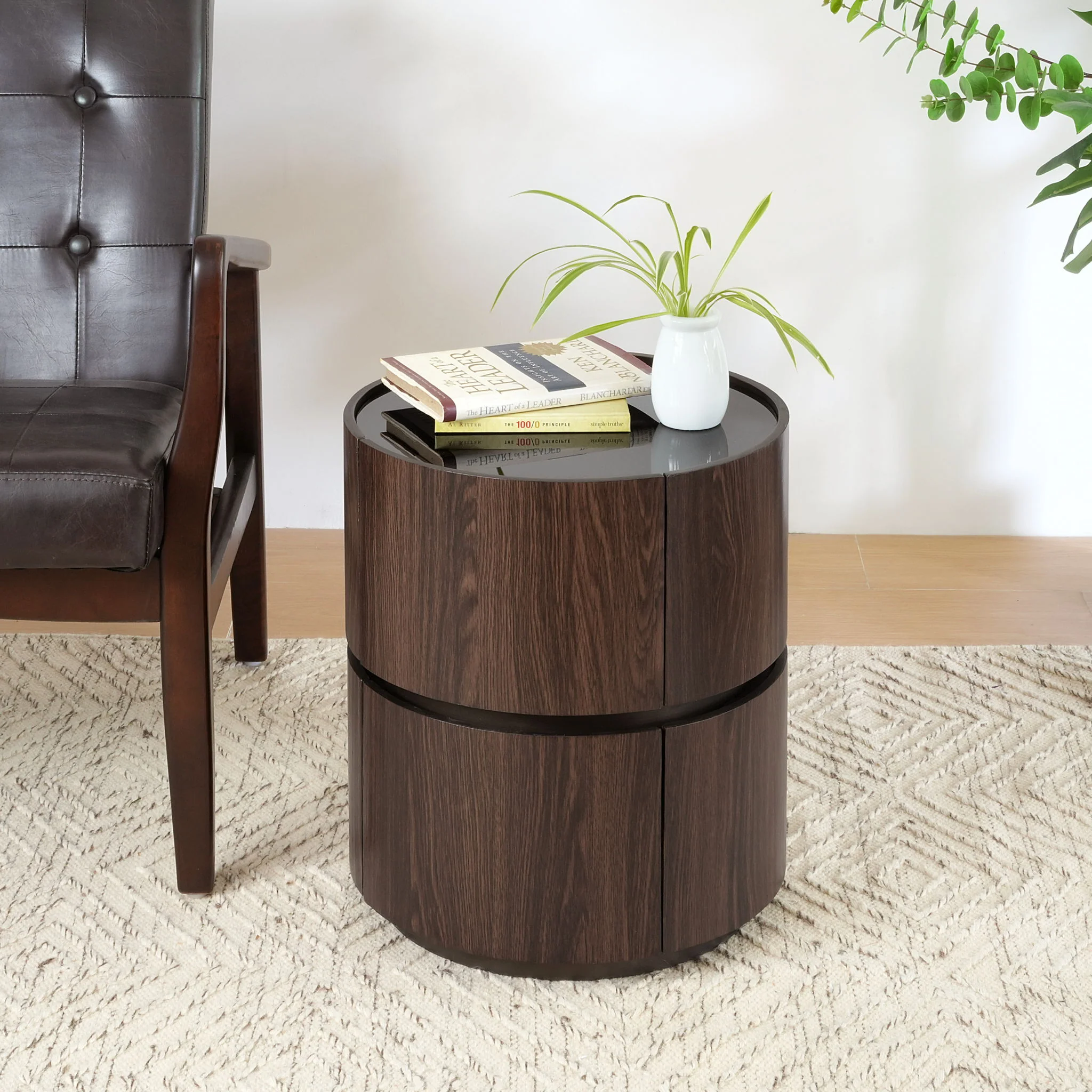 Elegant Italian High Grade Double Layer Storage Round Side Table - Brown / Black - Image 4