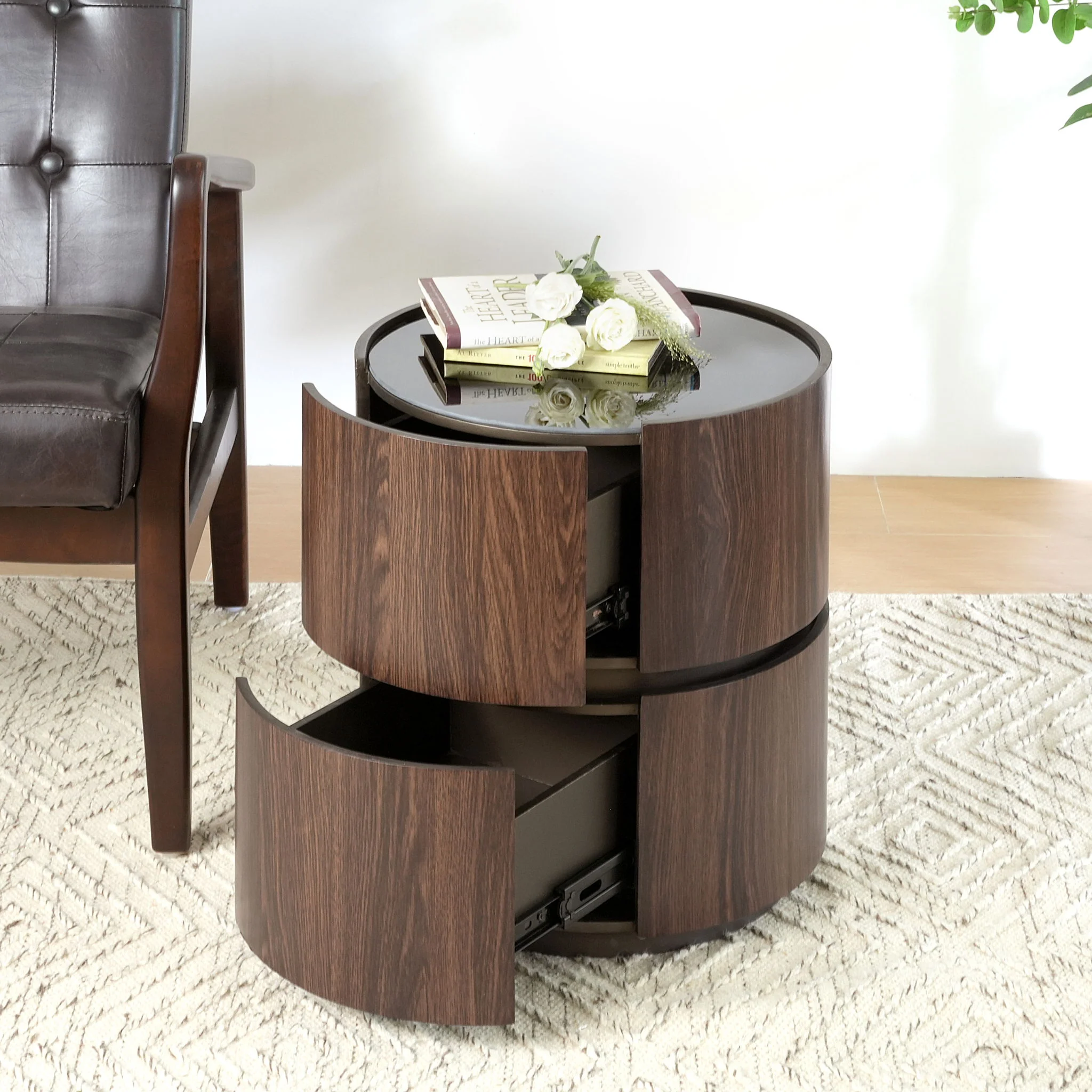 Elegant Italian High Grade Double Layer Storage Round Side Table - Brown / Black - Image 6