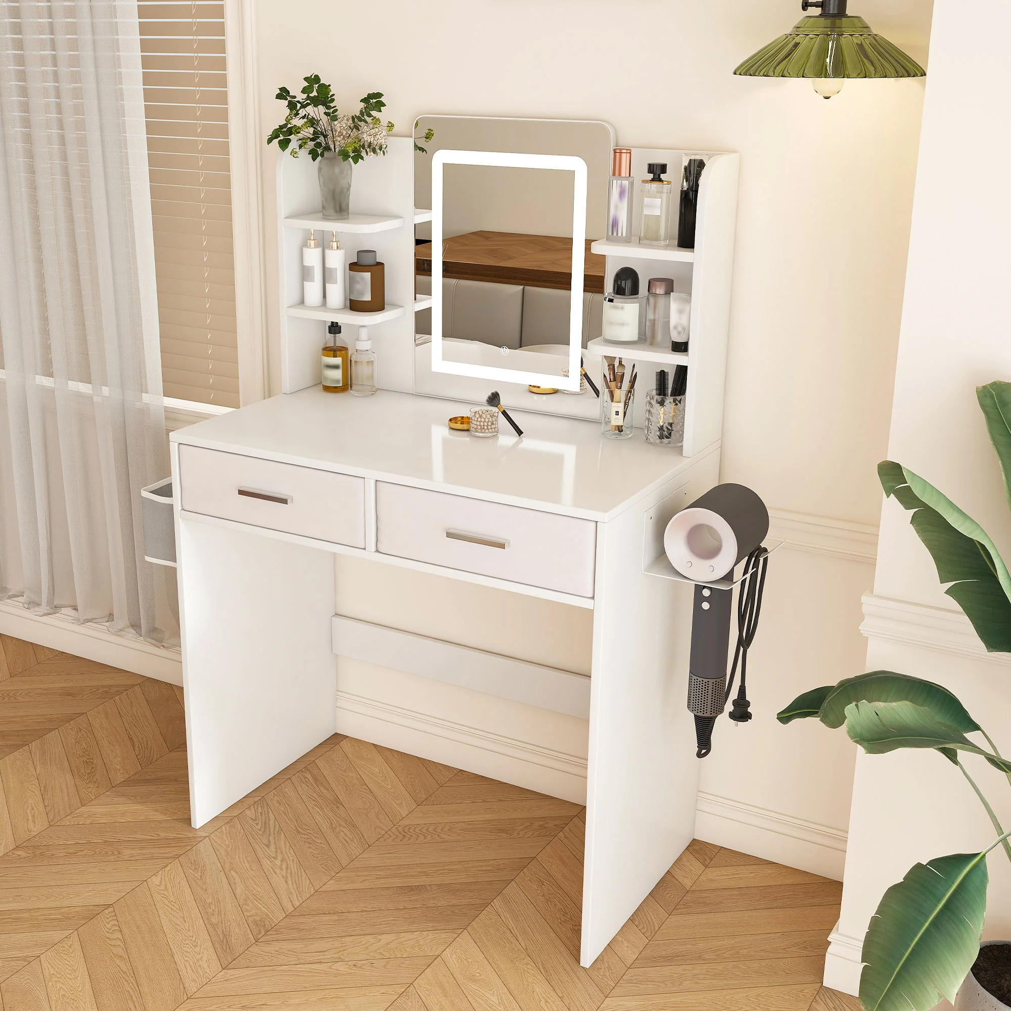 Elegant LED Mirror Vanity Dressing Table With Adjustable Lights, Drawers & Storage - White - Image 4
