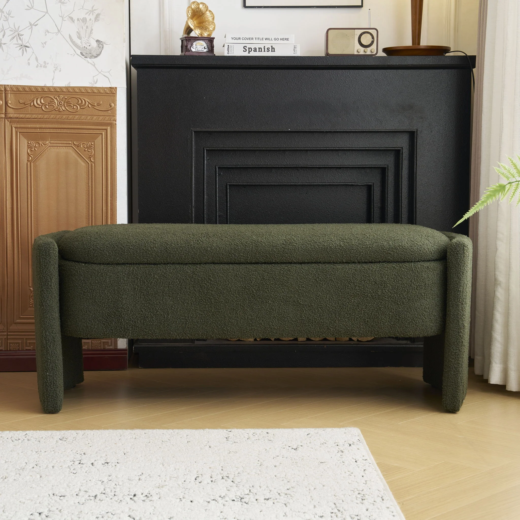 Elegant Long Shaped Storage Ottoman Bench, Boucle Material, Simple And Grand Design - Dark Green - Image 7