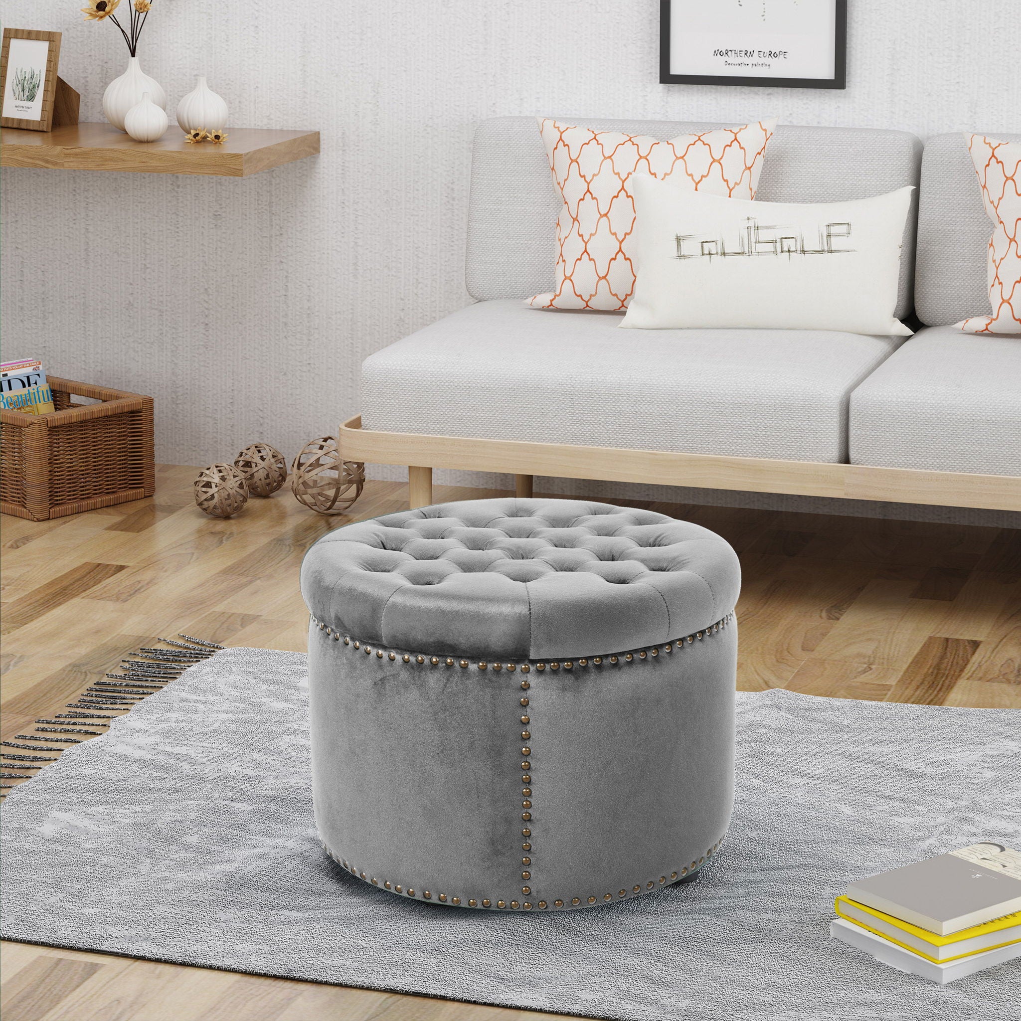 Elegant Round Ottoman Footstool With Studded Rim - Image 11