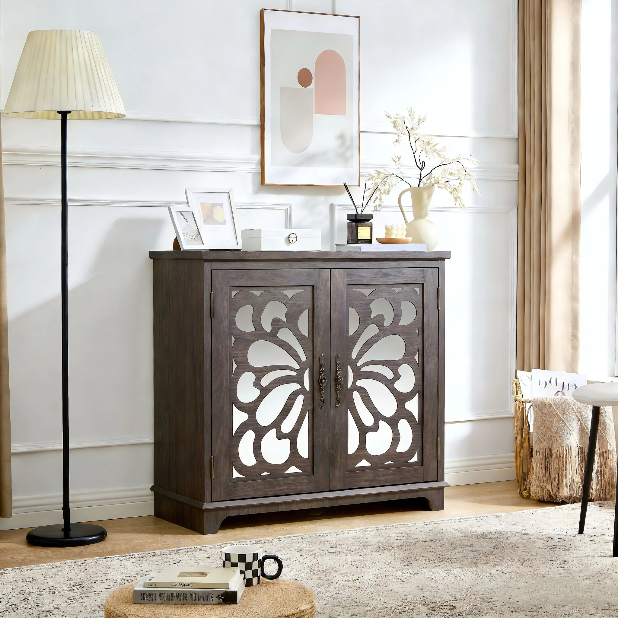 Elegant Sideboard With 2 Acrylic Mirrored Doors, Adjustable Shelf Storage - Image 18