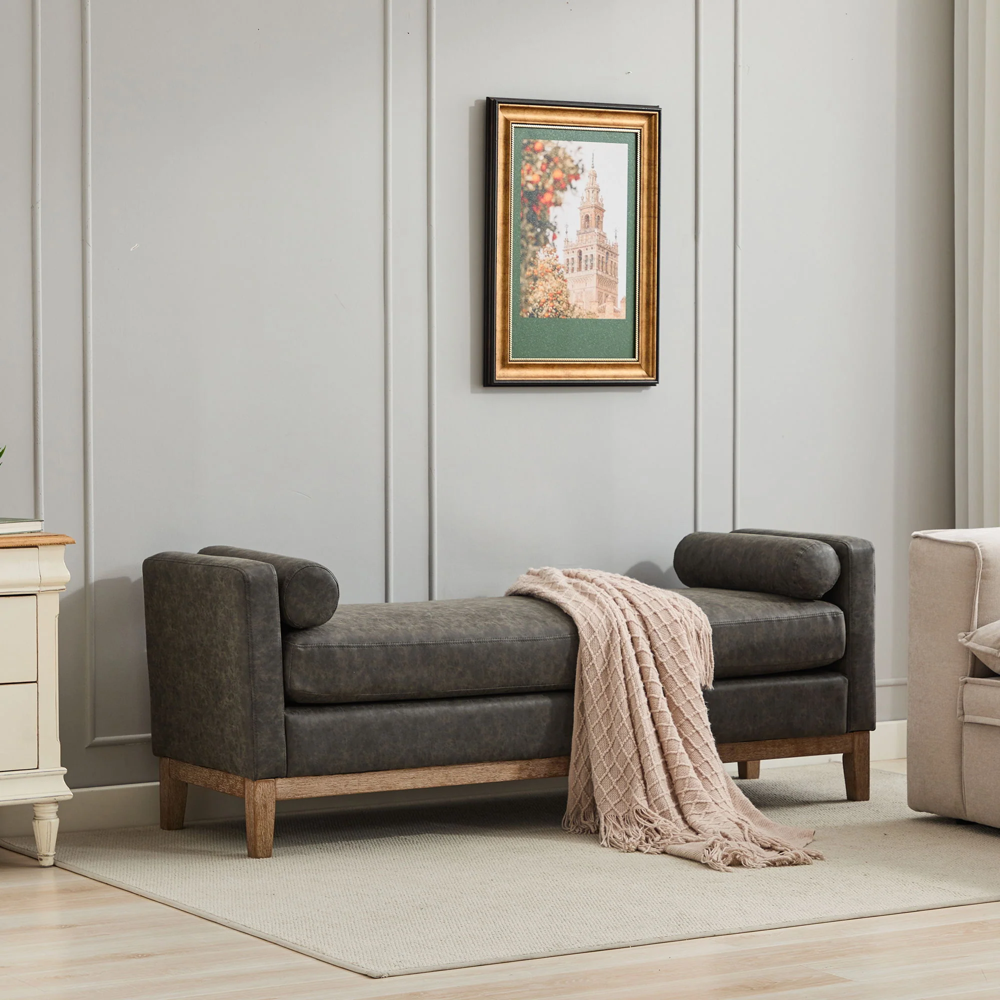 Elegant Upholstered Bench Daybed Ottoman With Bolster Pillows - Image 13