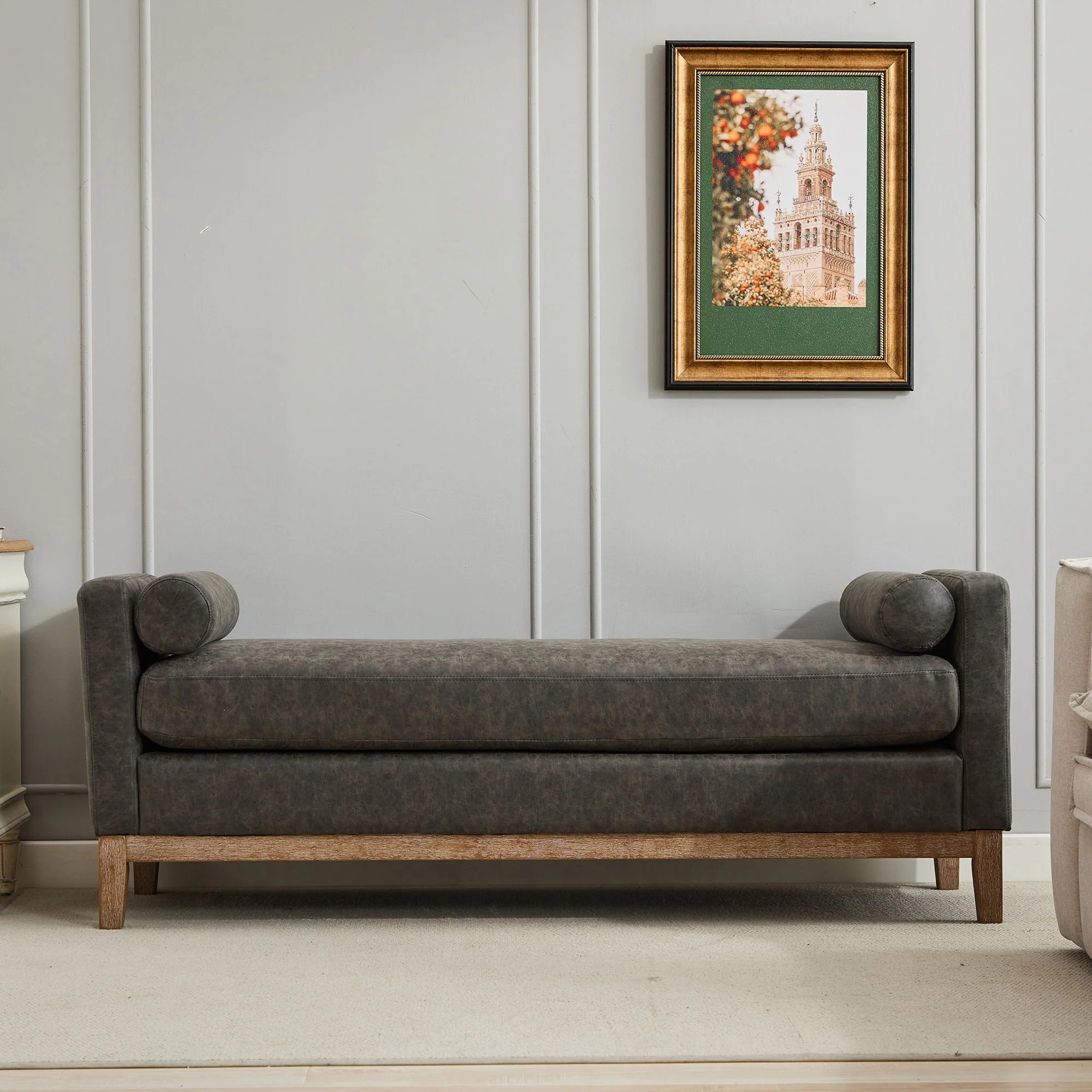 Elegant Upholstered Bench Daybed Ottoman With Bolster Pillows - Image 7