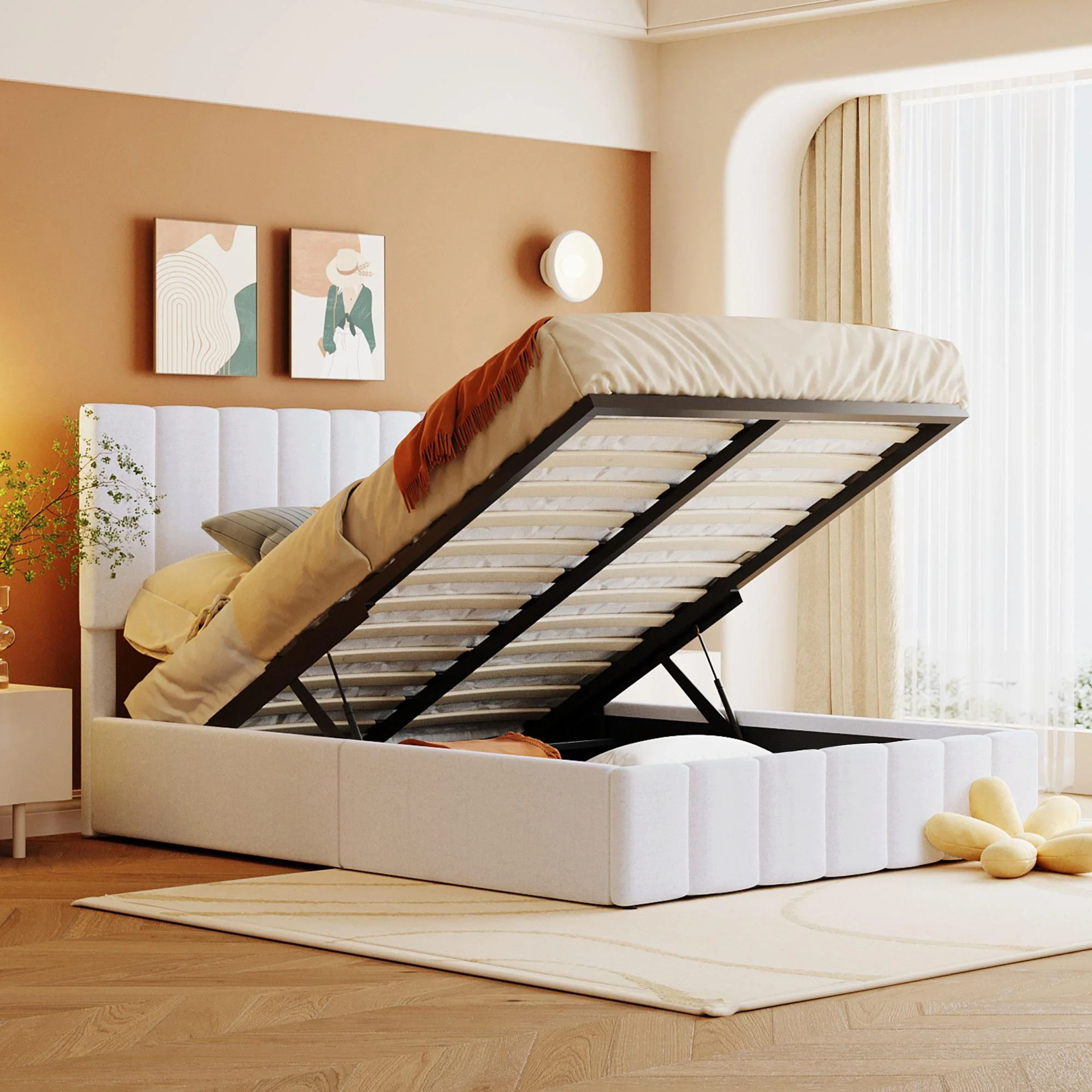 Elegant Upholstered Platform Bed With Hydraulic Storage System - Image 2