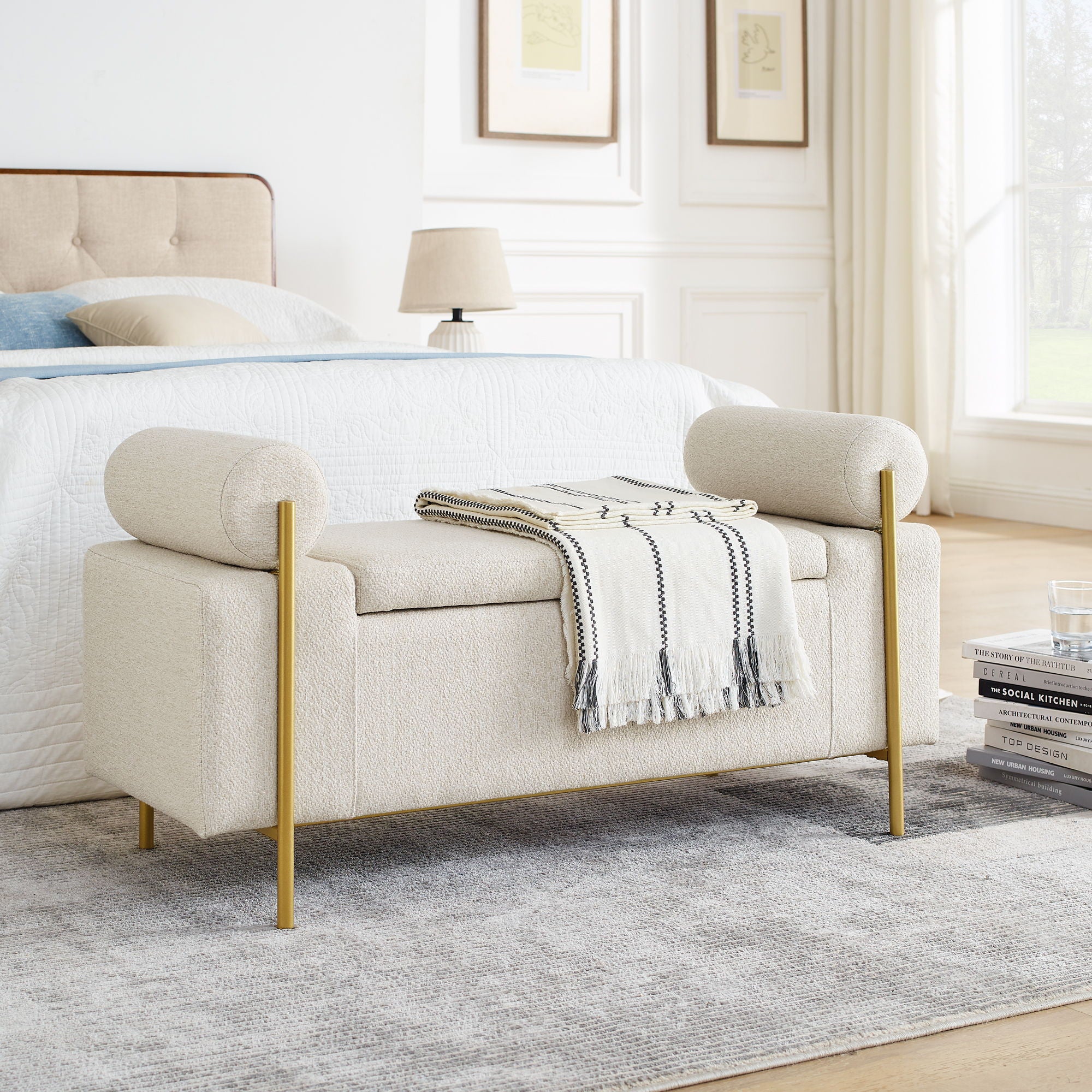 Elegant Upholstered Storage Bench With Cylindrical Arms And Iron Legs, - Image 10