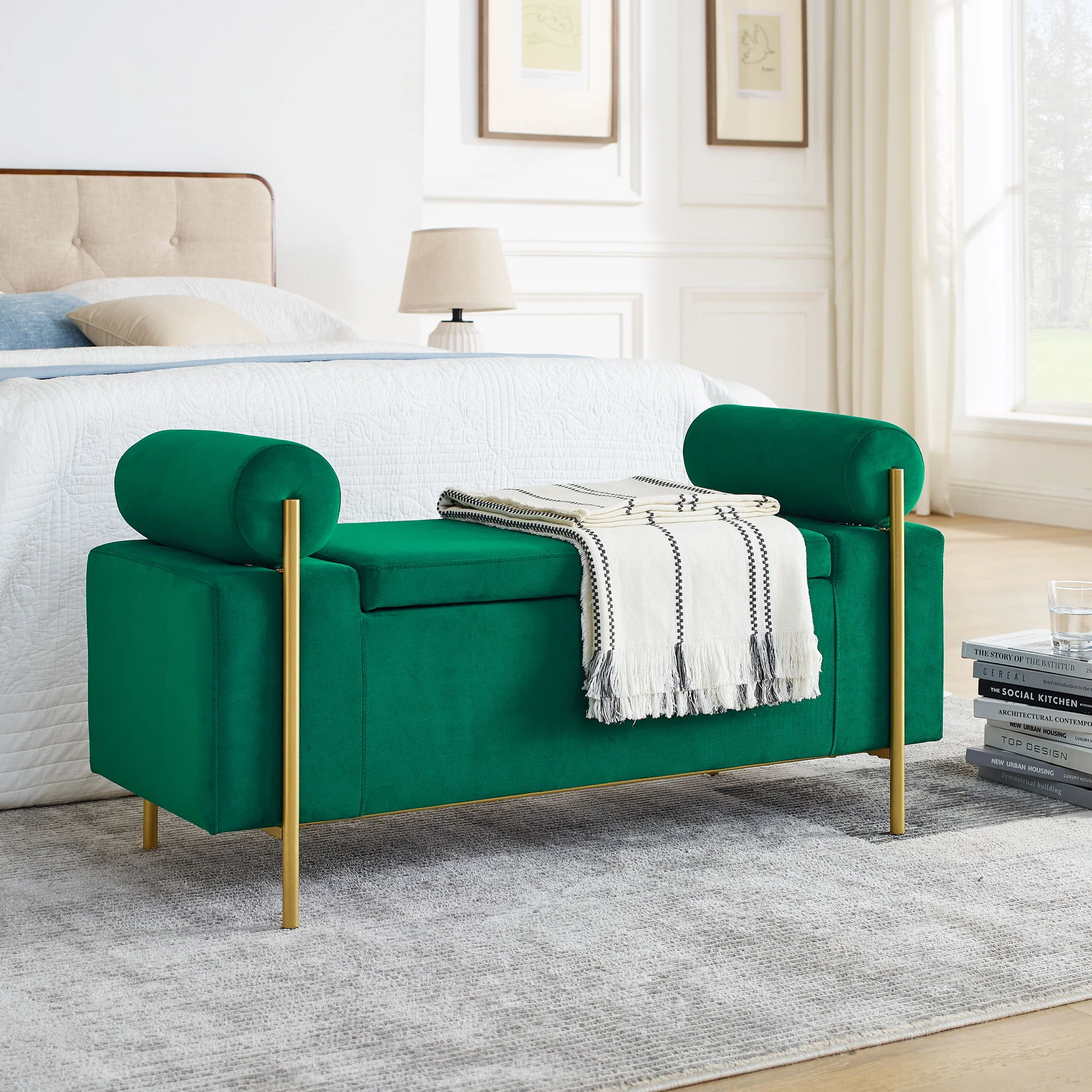 Elegant Upholstered Storage Bench With Cylindrical Arms And Iron Legs, - Image 14