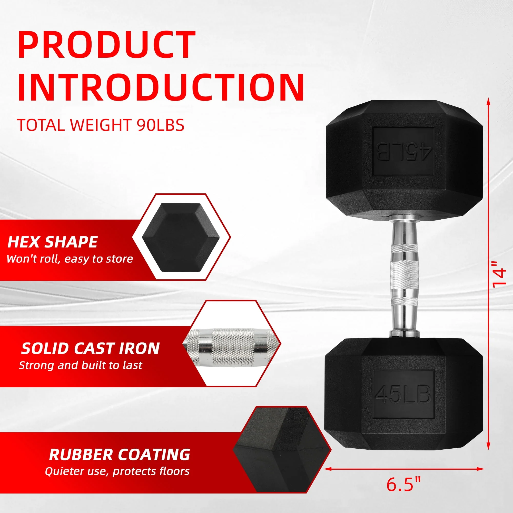 Elevon 15LB and 45LB Hex Rubber-Coated Dumbbell Sets - Image 7