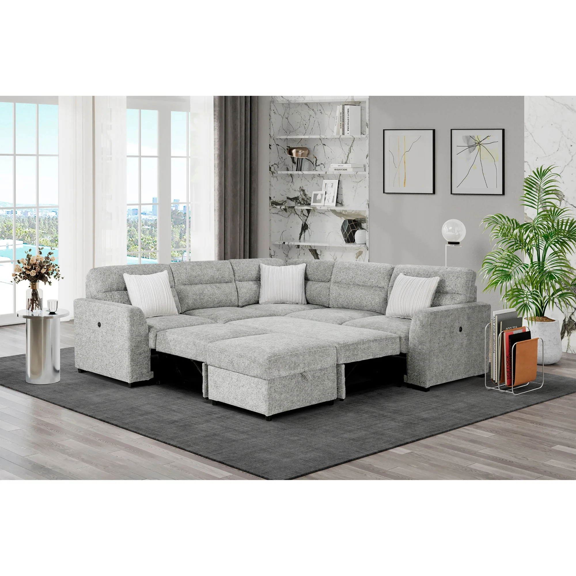 Emiliano - Sectional Sofa With 3 Pillows And Storage Ottoman - Nickel - Image 6
