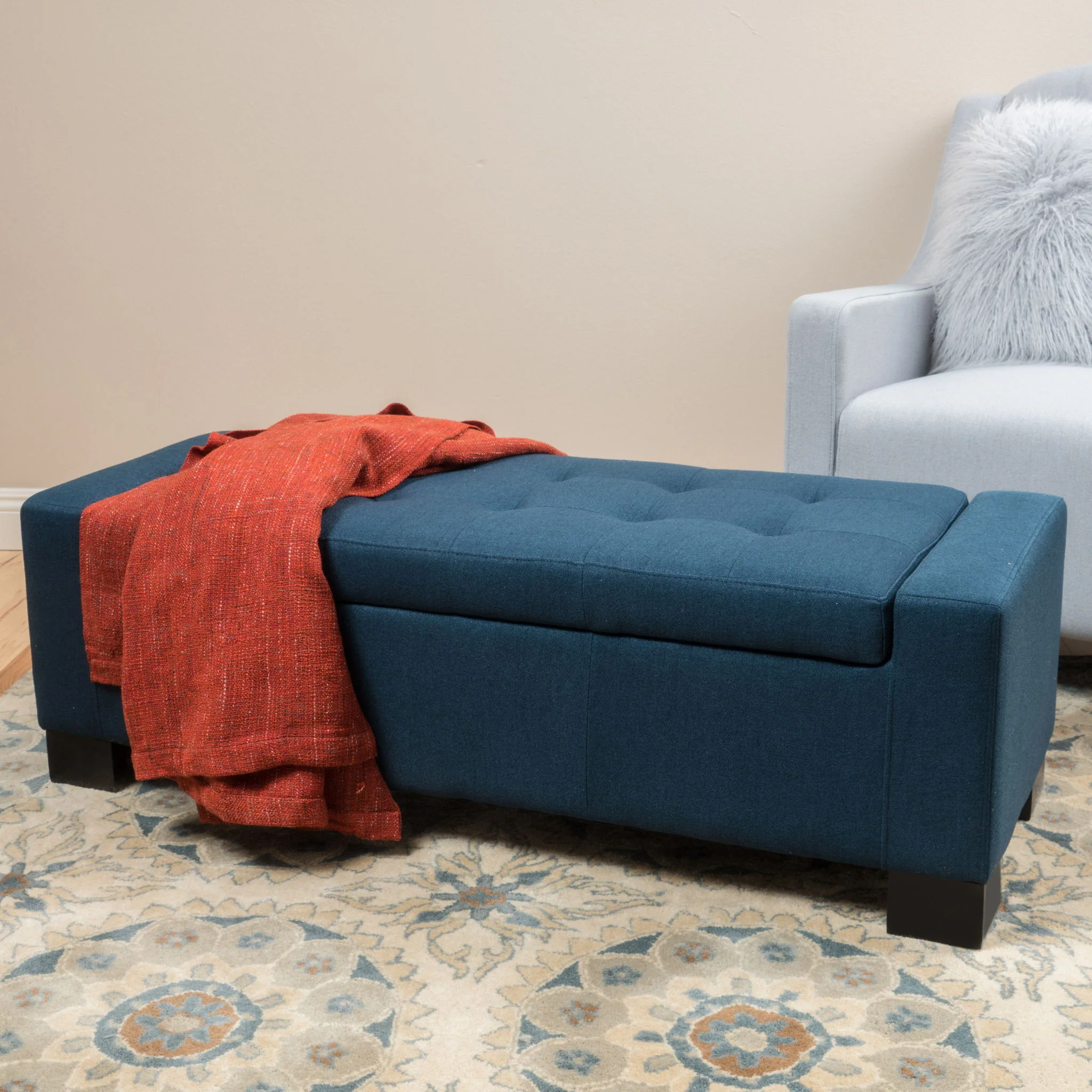 Empower - Button Tufted Waffle Upholstered Storage Ottoman With Wood Legs - Navy Blue - Image 8
