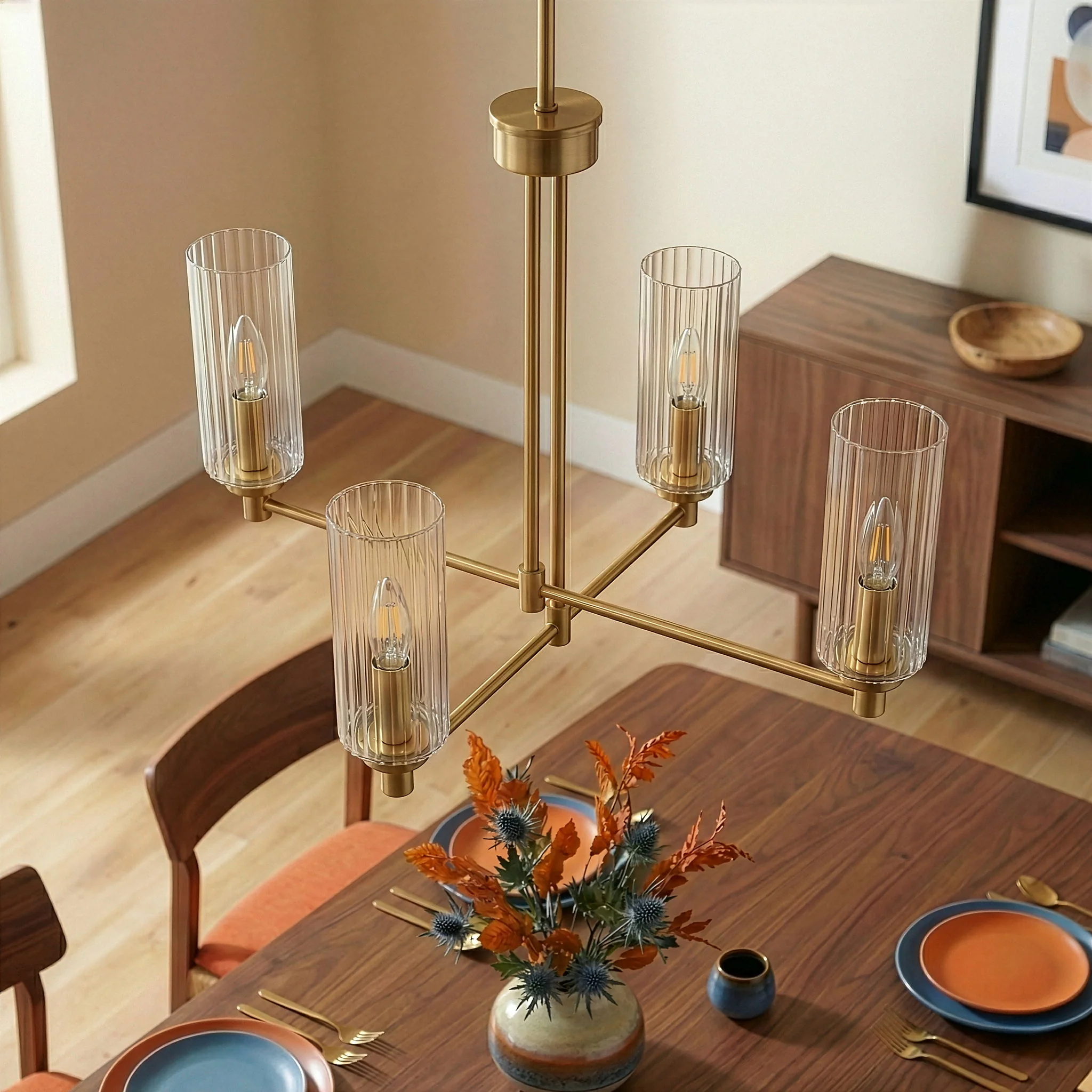 Enigma - 4 Lights Chandelier With Clear Ribbed Satin - Antique Brass / Clear / Gold - Image 6