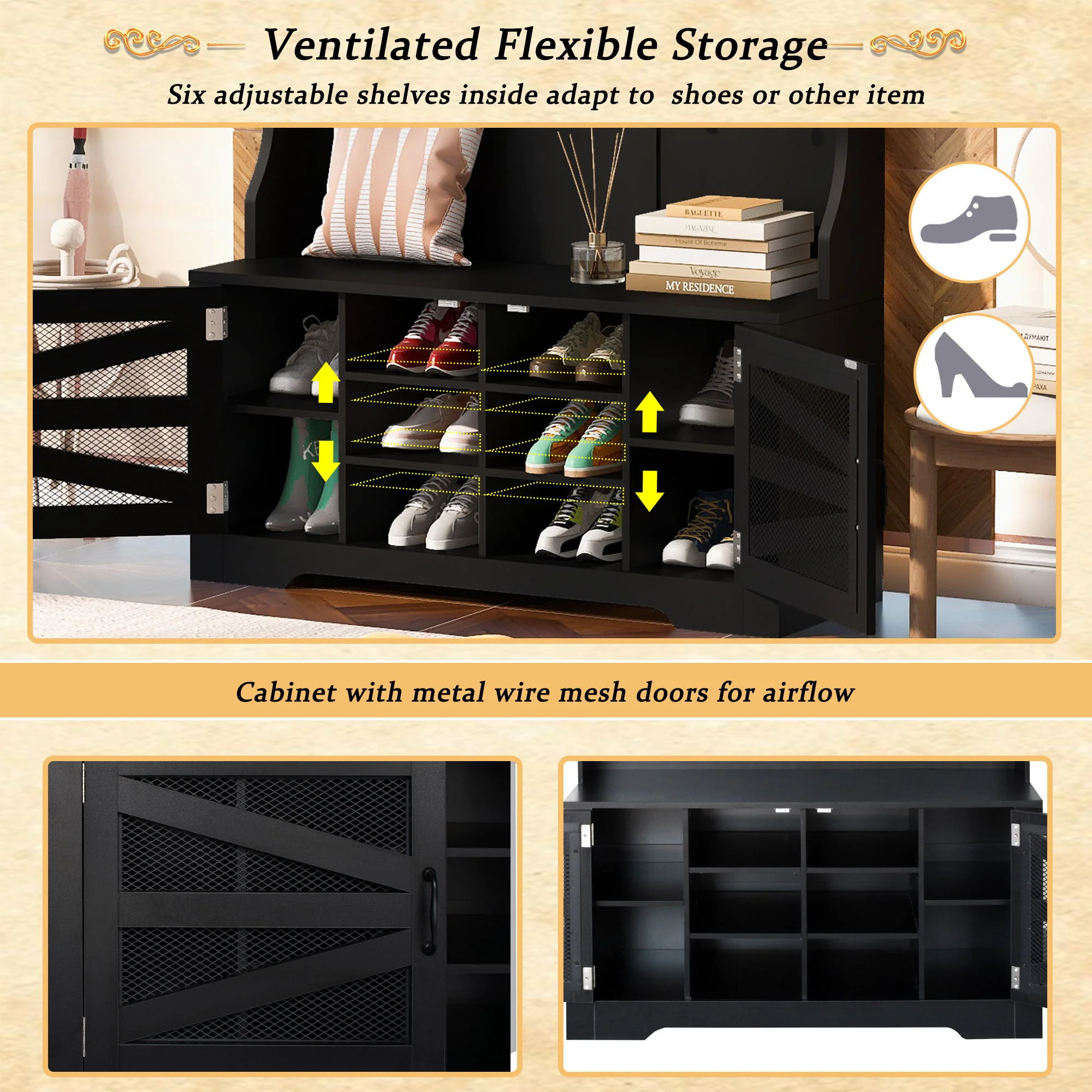 Entryway Bench With Coat Rack, 3 In 1 Design And Adjustable Shelves - Image 9