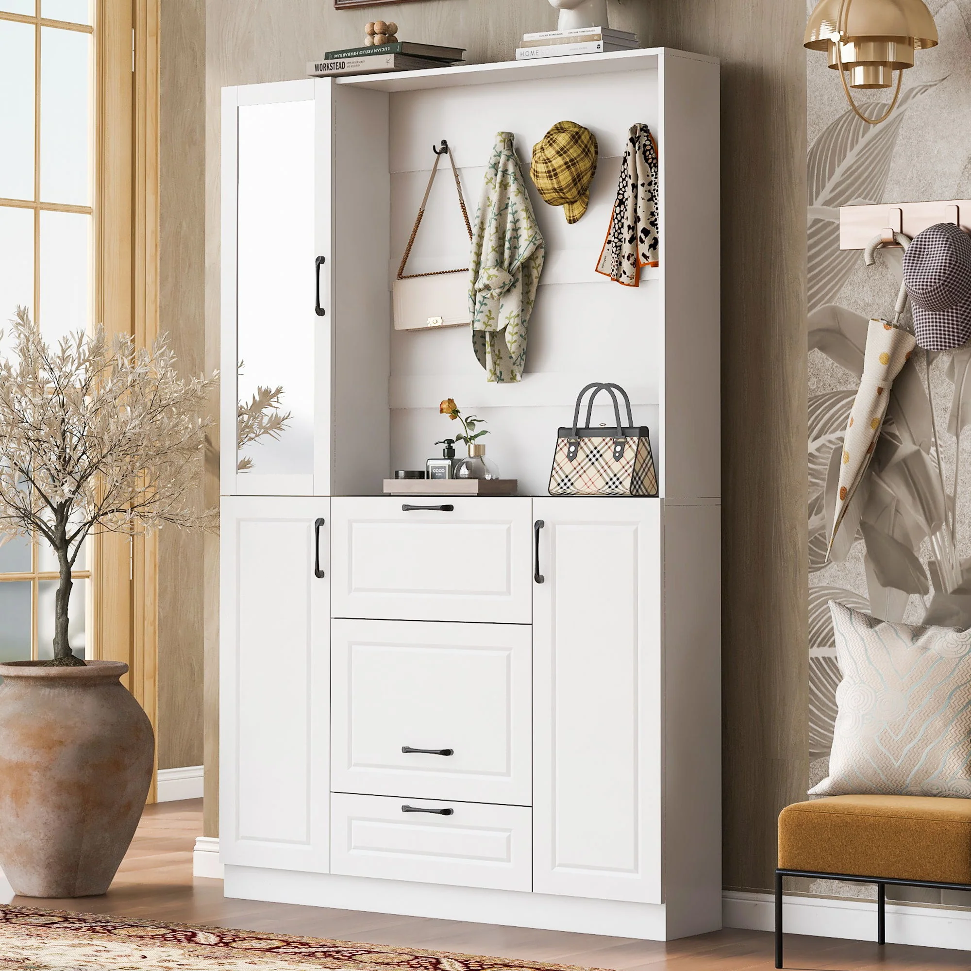 Entryway Bench With Integrated Shoe Cabinet, 3 In 1 Design And Mirrored Cabinet Door, Hall Tree With 4 Sturdy Hooks And Foldable Seat For Entrance, Living Room - White - Image 5