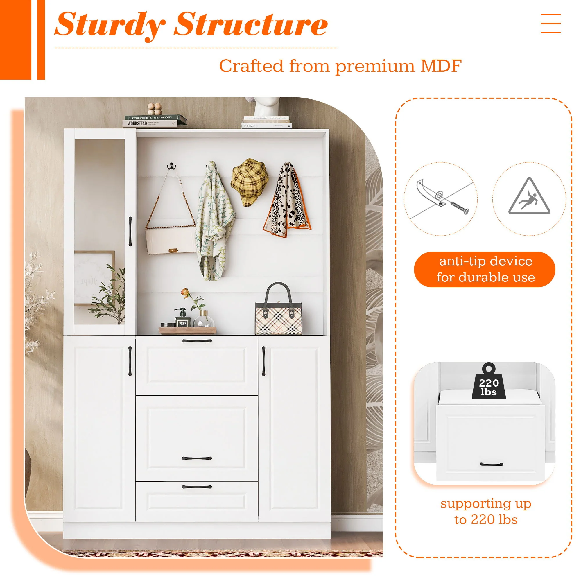 Entryway Bench With Integrated Shoe Cabinet, 3 In 1 Design And Mirrored Cabinet Door, Hall Tree With 4 Sturdy Hooks And Foldable Seat For Entrance, Living Room - White - Image 7