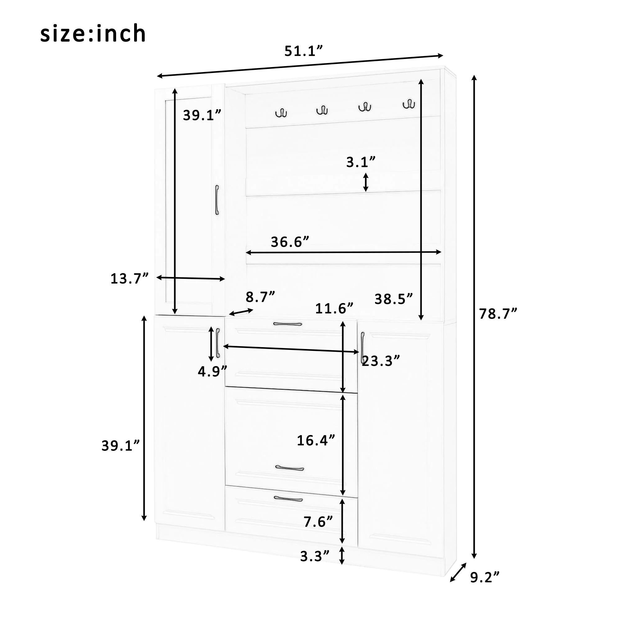 Entryway Bench With Integrated Shoe Cabinet, 3 In 1 Design And Mirrored Cabinet Door, Hall Tree With 4 Sturdy Hooks And Foldable Seat For Entrance, Living Room - White - Image 9