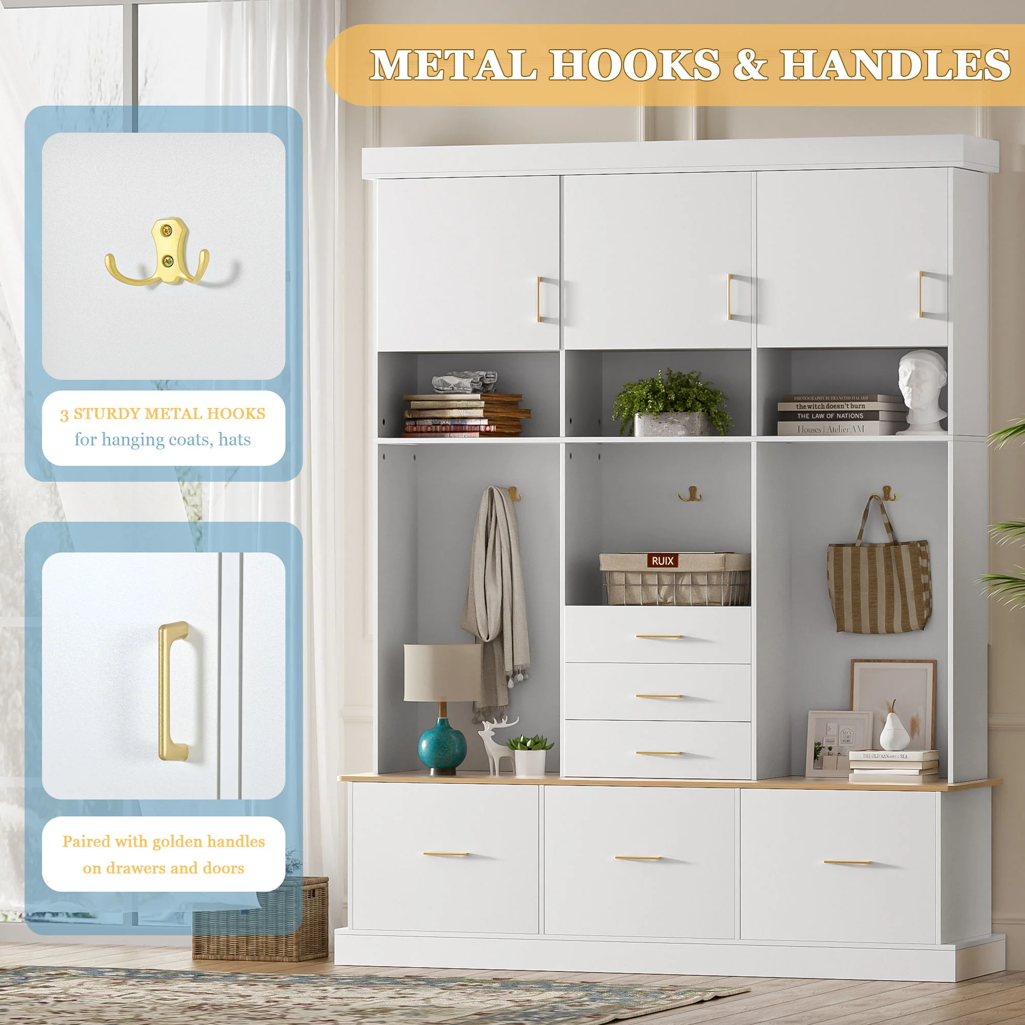 Entryway Hall Tree With Bench And Storage, 5 In 1 Coat Rack - Image 9