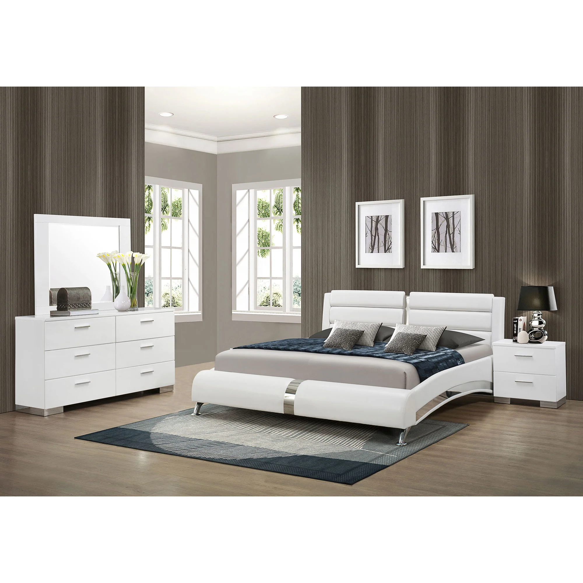 Escalon - 4 Piece Bedroom Set With Paneled Headboard Accents Upholstered - Glossy White - Image 2