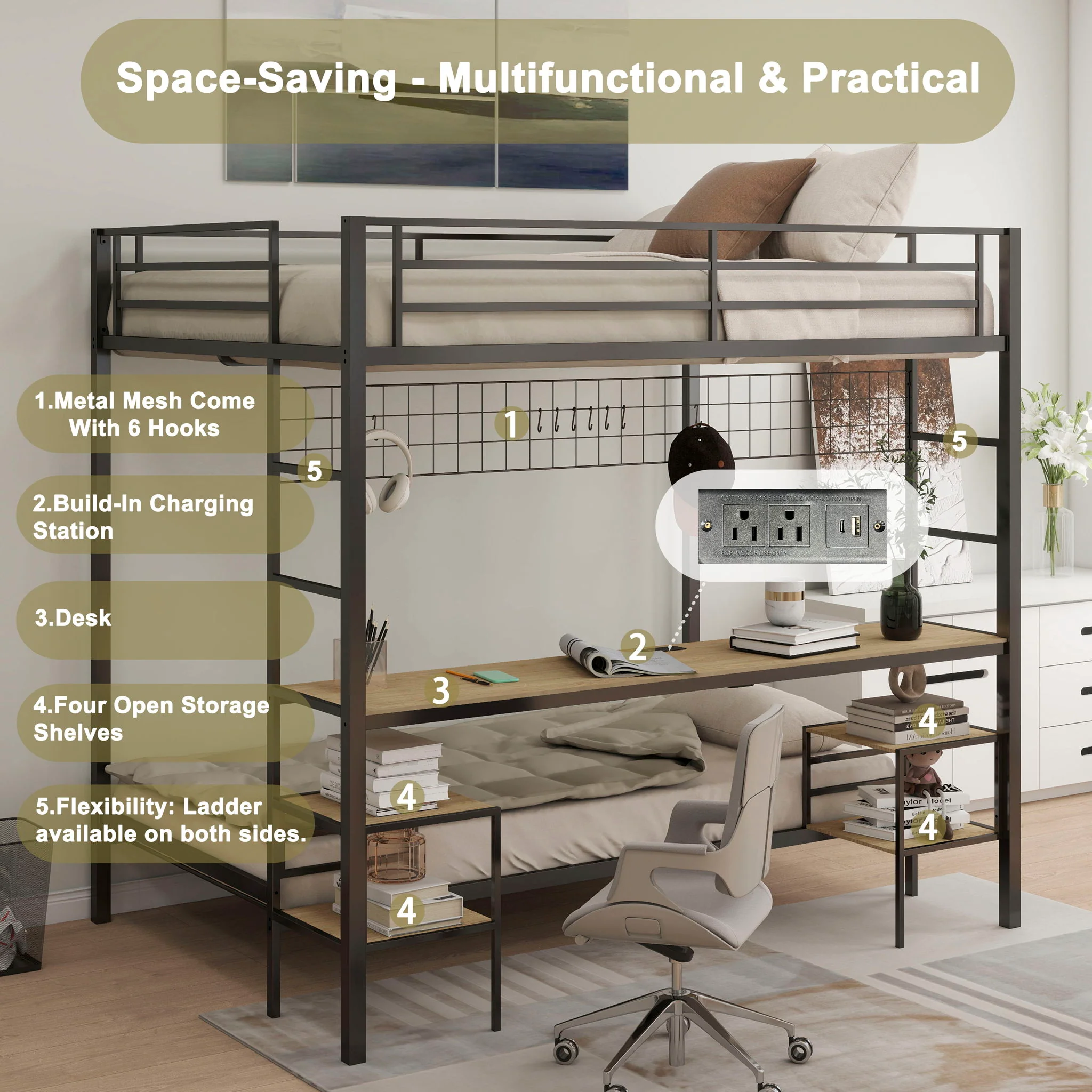 Ethan - Bunk Bed With Desk, Charging Station, Storage Shelves - Image 16