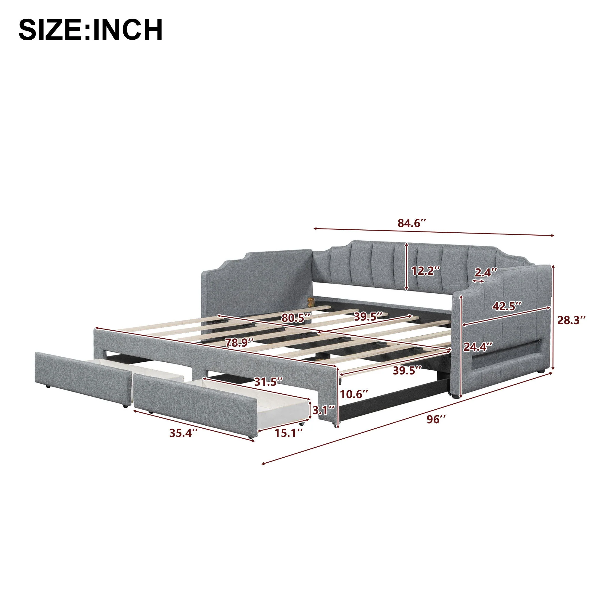 Extendable Daybed With LED Light And 2 Storage Drawers - Image 14