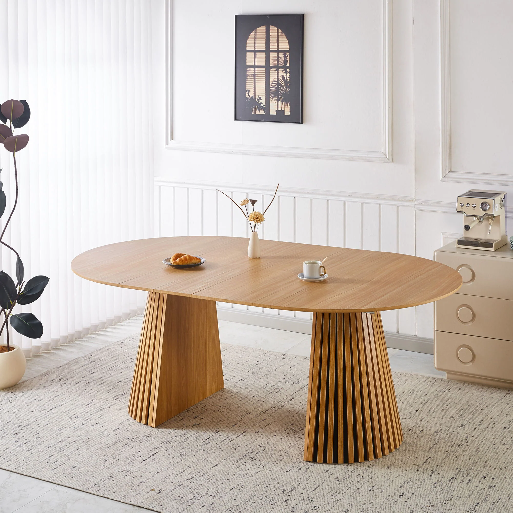 Extendable Pedestal Multifunctional Dining Table - Oak - Image 6