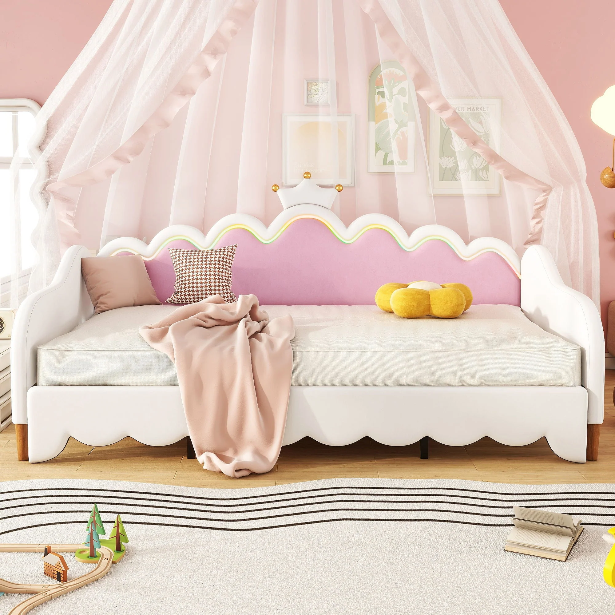 Extending Daybed With LED Lights, Modern Upholstered Princess Daybed With Crown Headboard - Image 14