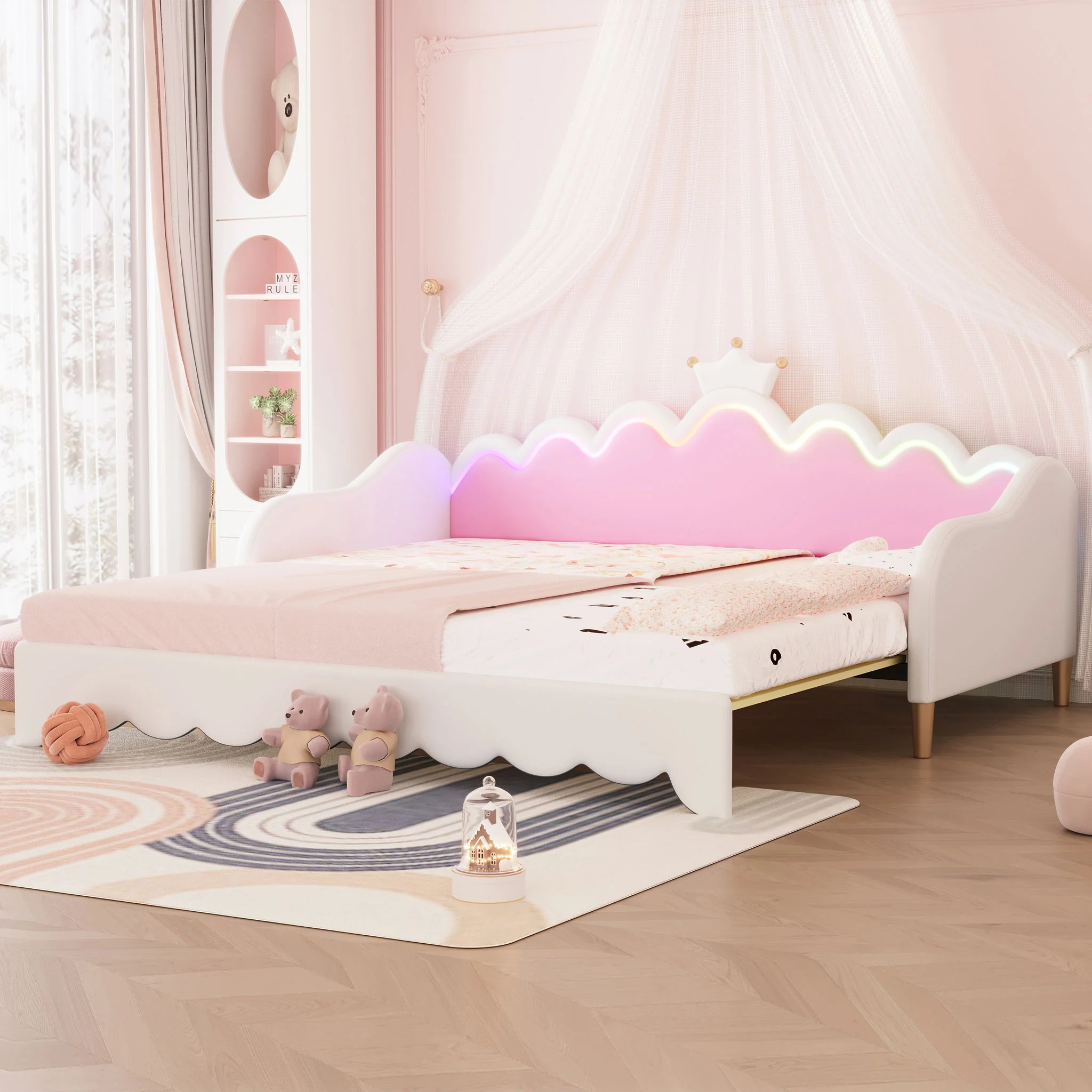 Extending Daybed With LED Lights, Modern Upholstered Princess Daybed With Crown Headboard - Image 2