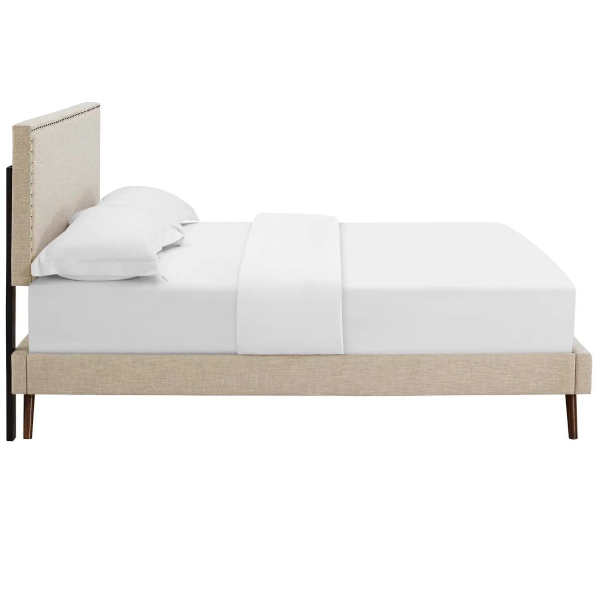 Fabric Queen Platform Bed with Round Splayed Legs in Beige - Image 2