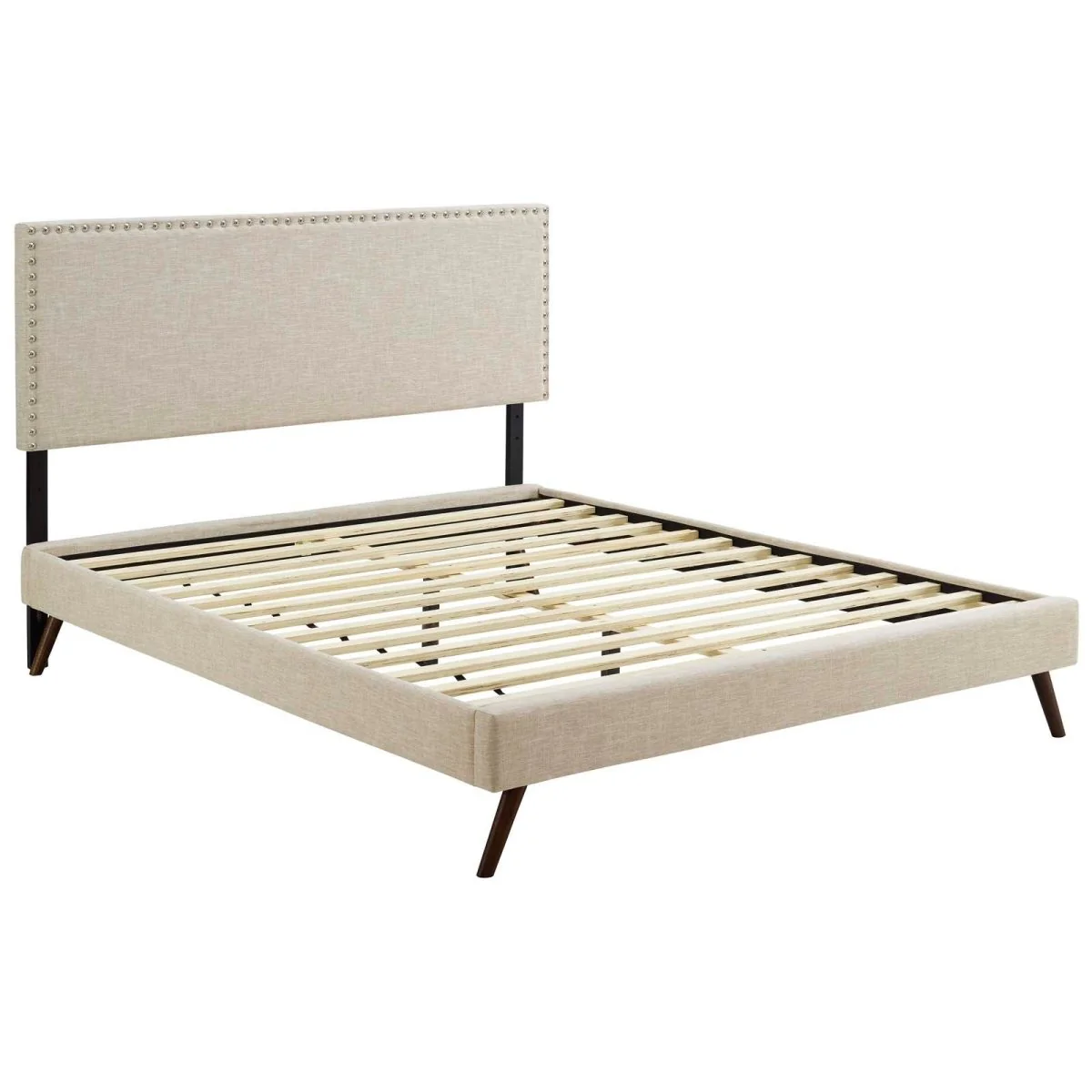Fabric Queen Platform Bed with Round Splayed Legs in Beige - Image 4