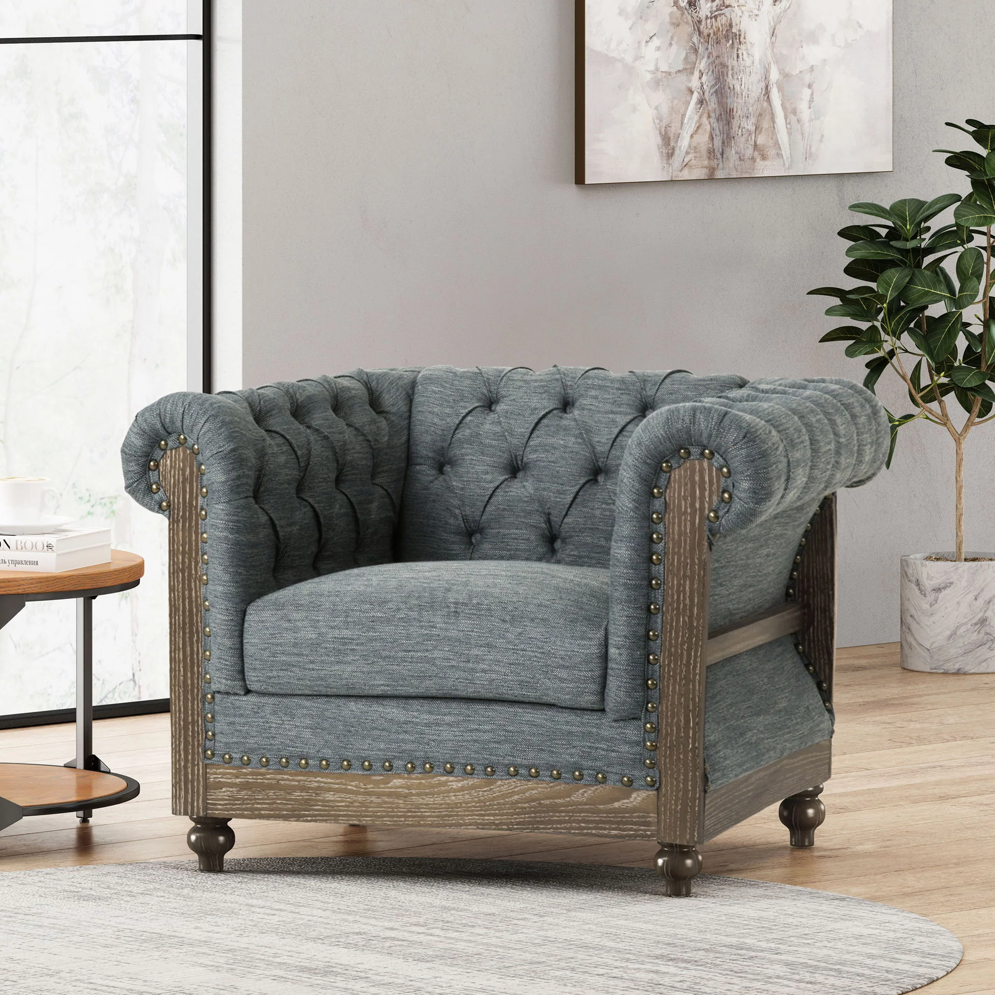 Fabric Upholstered Club Chair With Scrolled Tuxedo Arms - Image 3