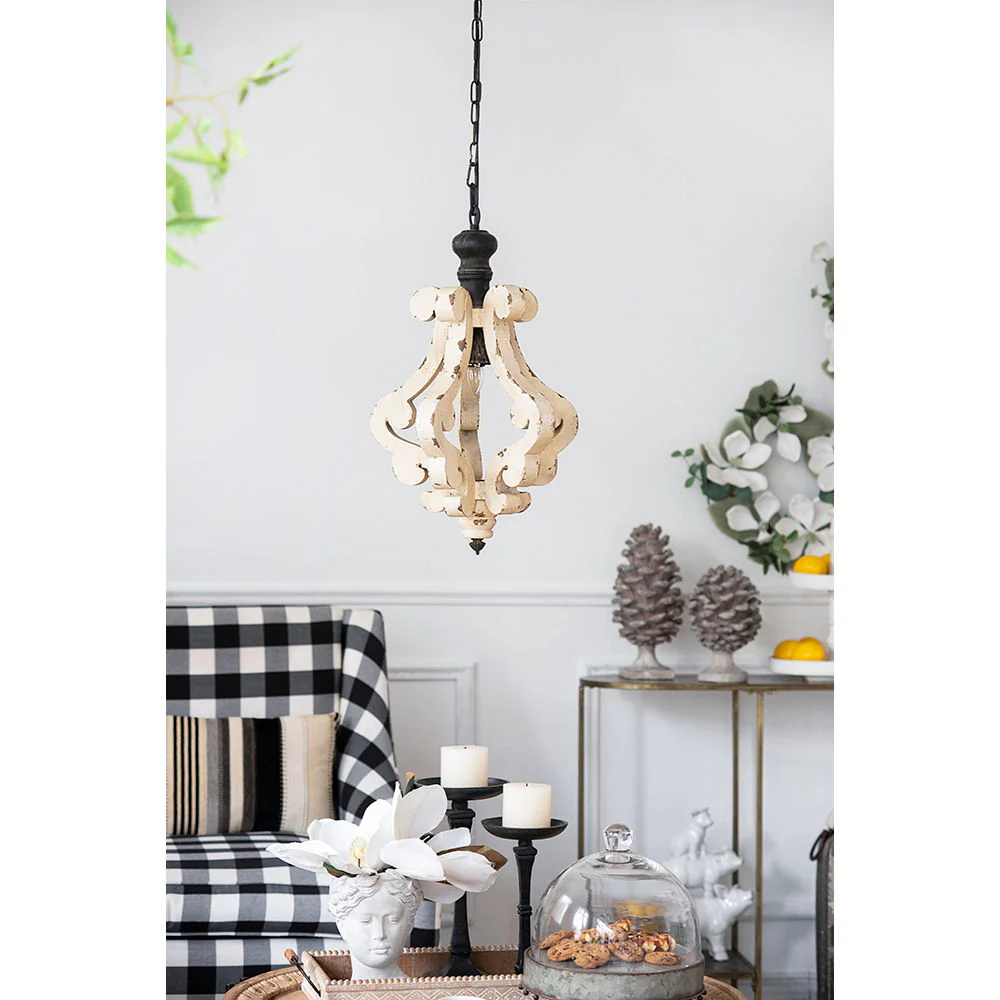 Farmhouse Chandeliar Distressed Pendant French Country Wood Chandelier For Living Room Foyer, Bulb Not Included - Antique Cream - Image 3