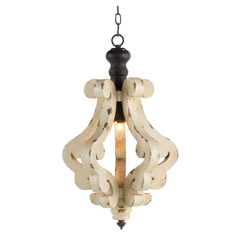 Farmhouse Chandeliar Distressed Pendant French Country Wood Chandelier For Living Room Foyer, Bulb Not Included - Antique Cream - Image 7