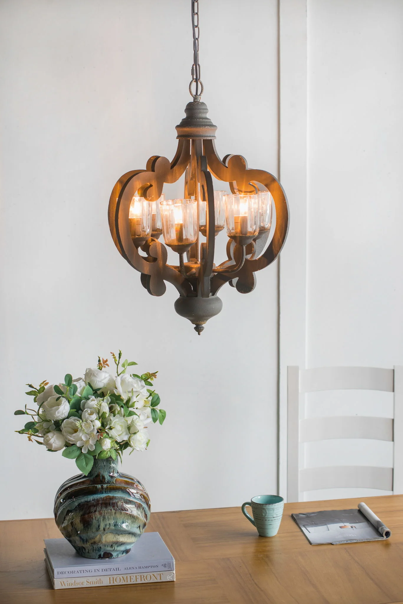Farmhouse Chandelier, 6 Light Wood Chandelier Pendant Light Fixture With Adjustable Chain For Dining Room Living Room Entryway, Bulb Not Included - Image 15