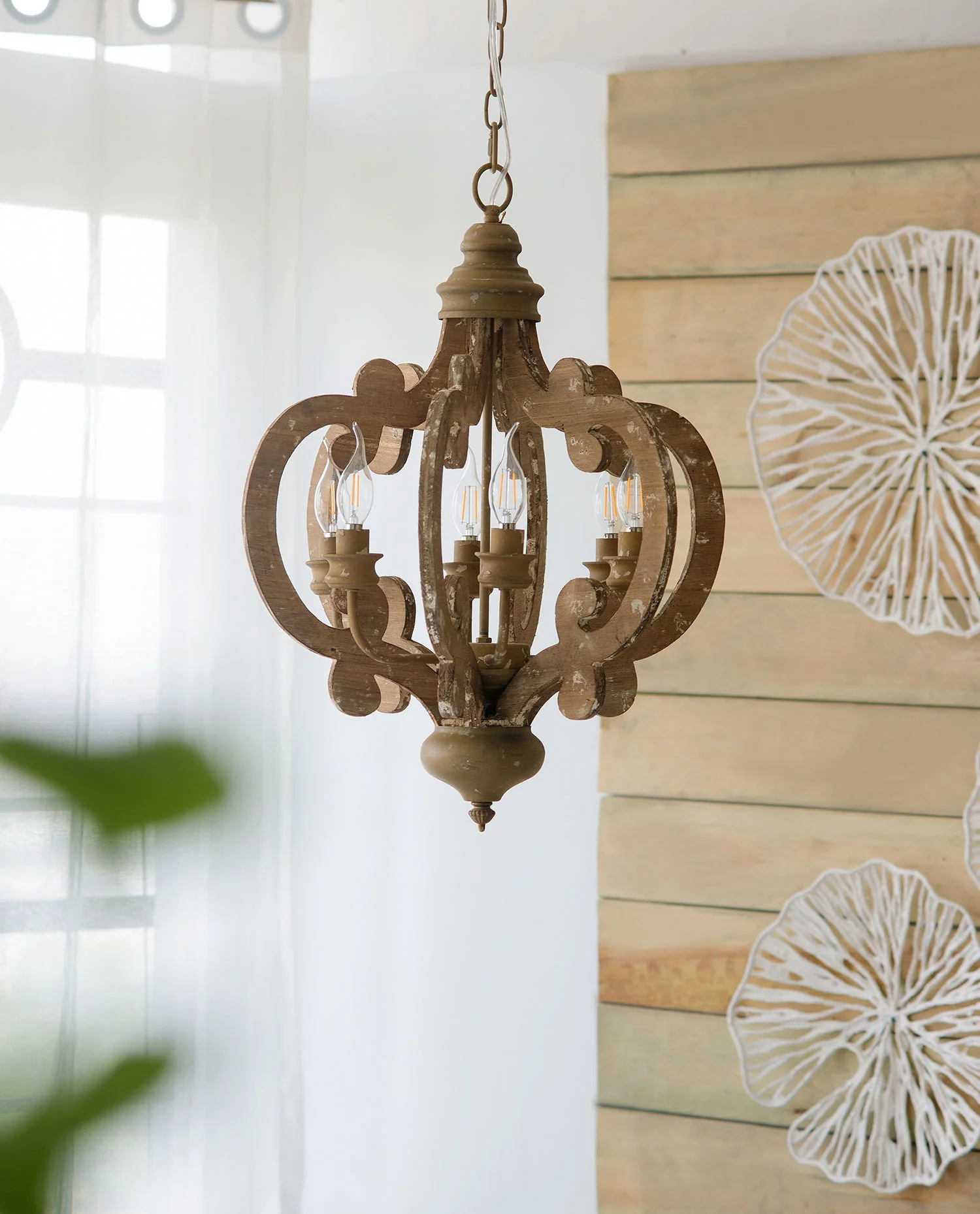 Farmhouse Chandelier, 6 Light Wood Chandelier Pendant Light Fixture With Adjustable Chain For Dining Room Living Room Entryway, Bulb Not Included - Image 44