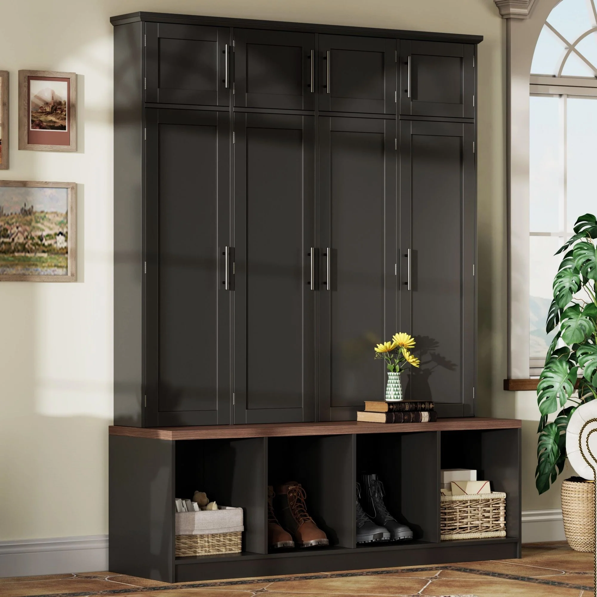Farmhouse Hall Tree With 4 Hidden Hanging Hooks And 8 Doors - Image 8