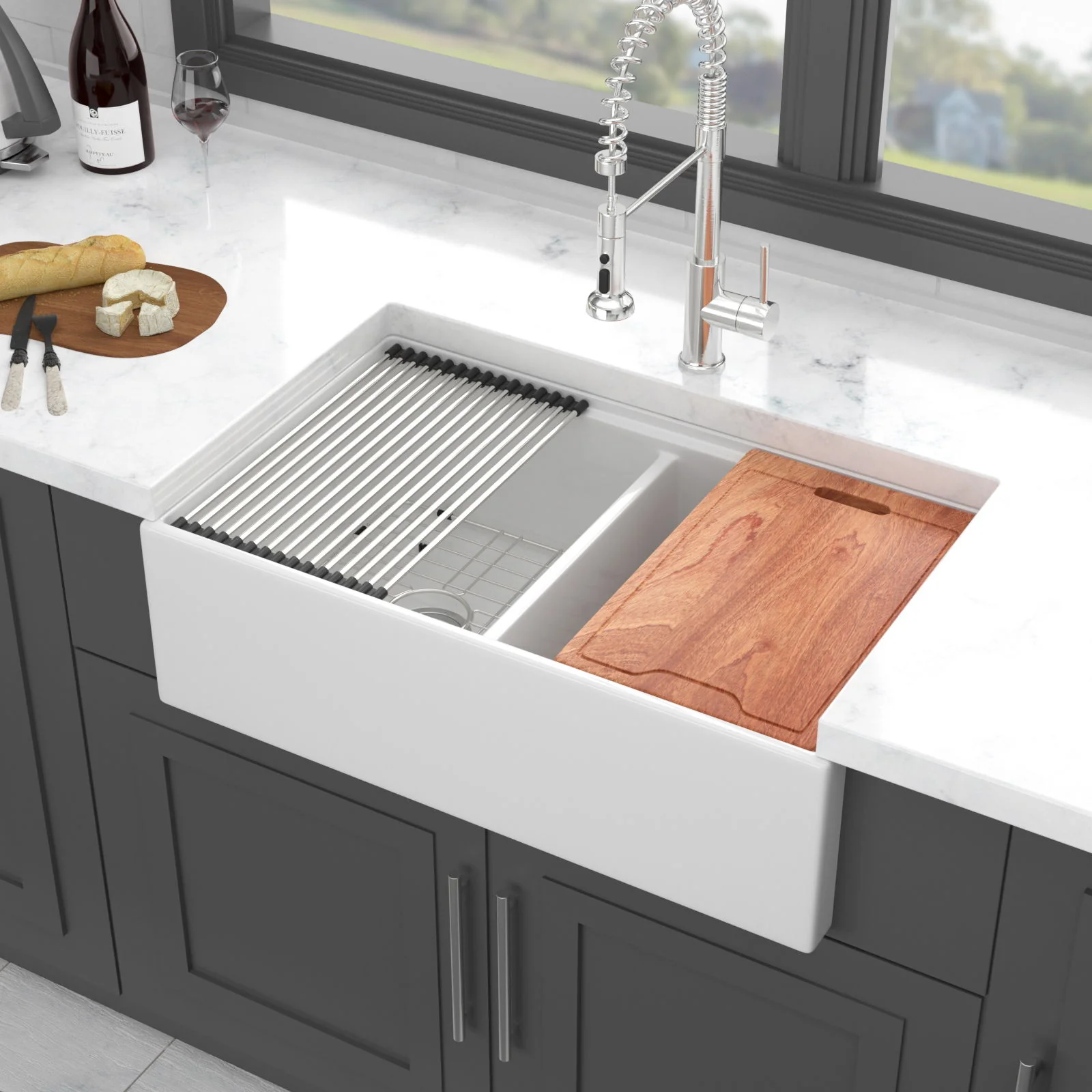 Farmhouse Sink Workstation 33" Ceramic Double Bowl Kitchen Sink With Ledges - White - Image 7