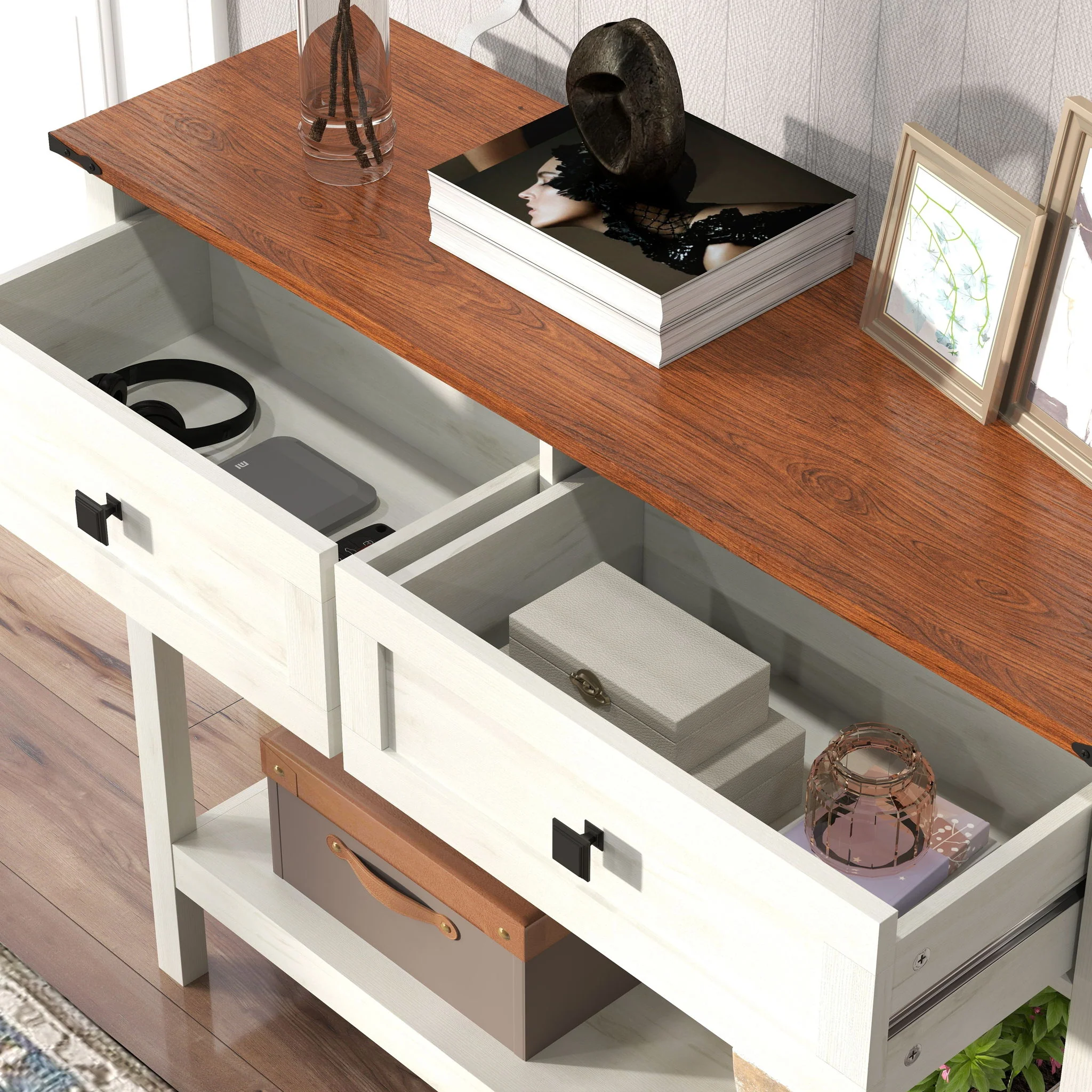 Farmhouse Style Console Table With 2 Drawers And Bottom Storage Shelf - Image 6
