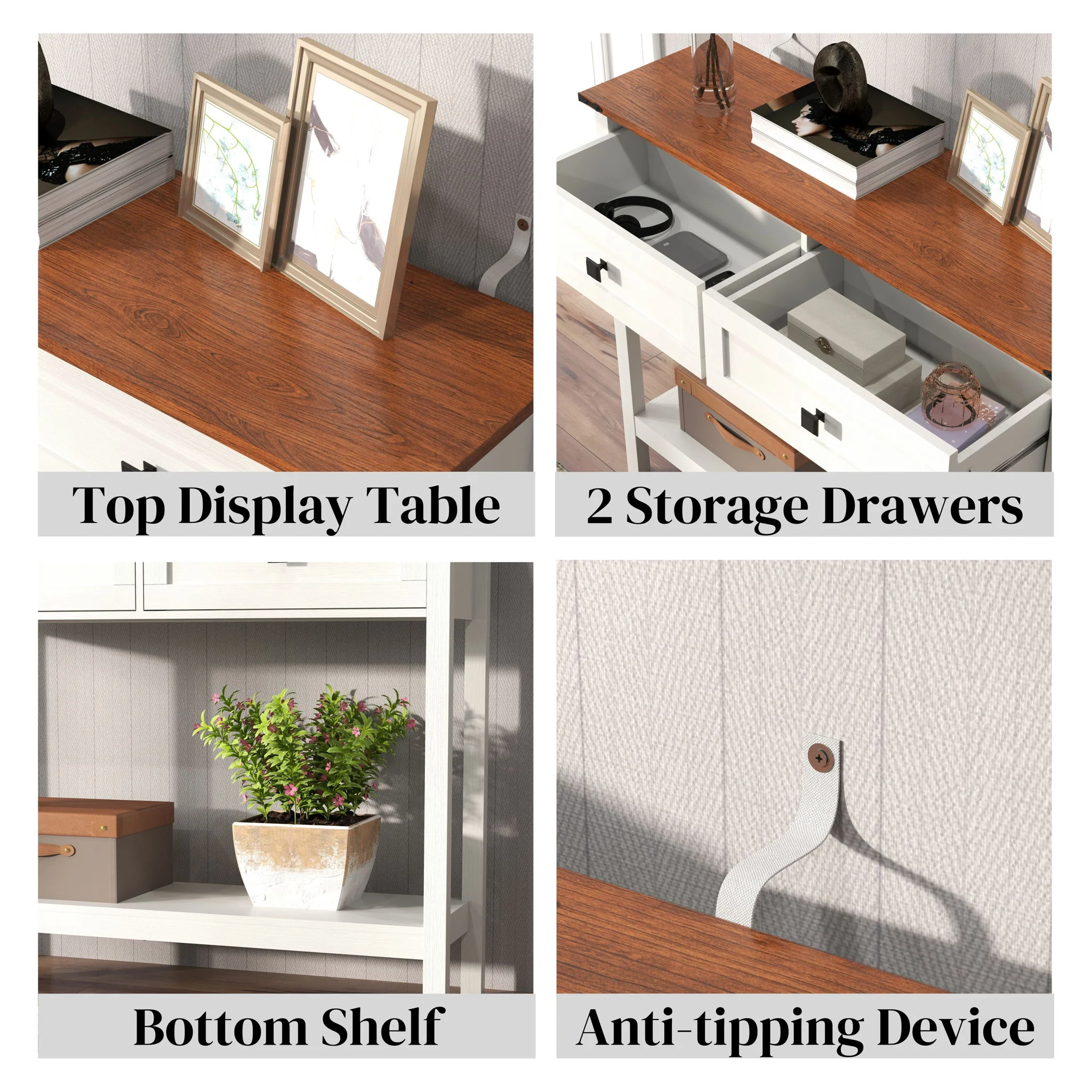 Farmhouse Style Console Table With 2 Drawers And Bottom Storage Shelf - Image 8