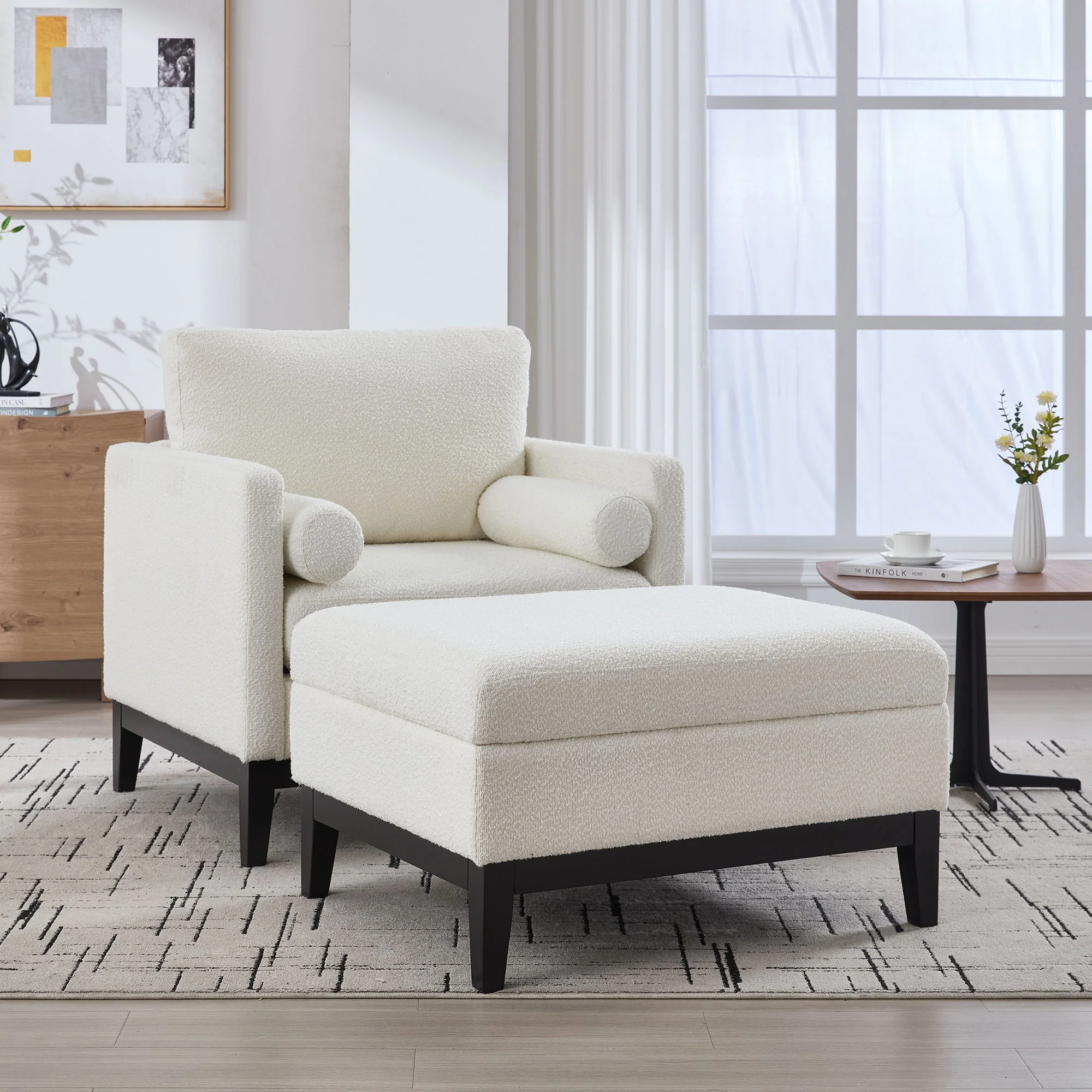 Farmhouse Upholstered Accent Chair With Ottoman, Reversible Lid Coffee Table - Image 5
