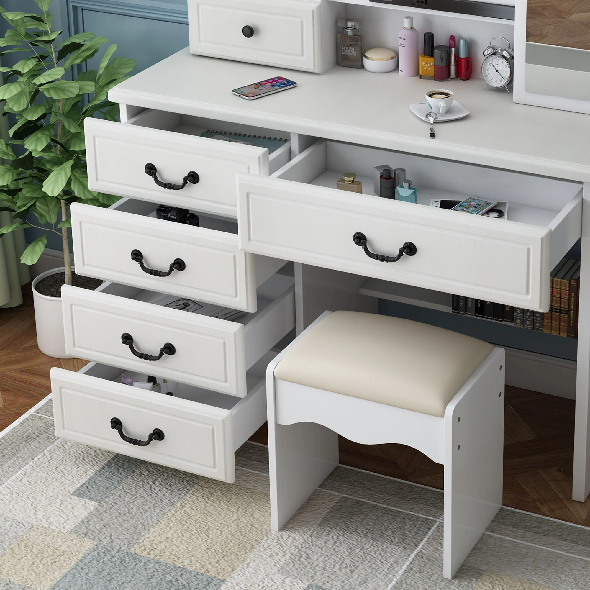 Fashion Vanity Desk With Mirror And Adjustable Lighting, 6 Drawers, 3 Color Light Modes - White - Image 5