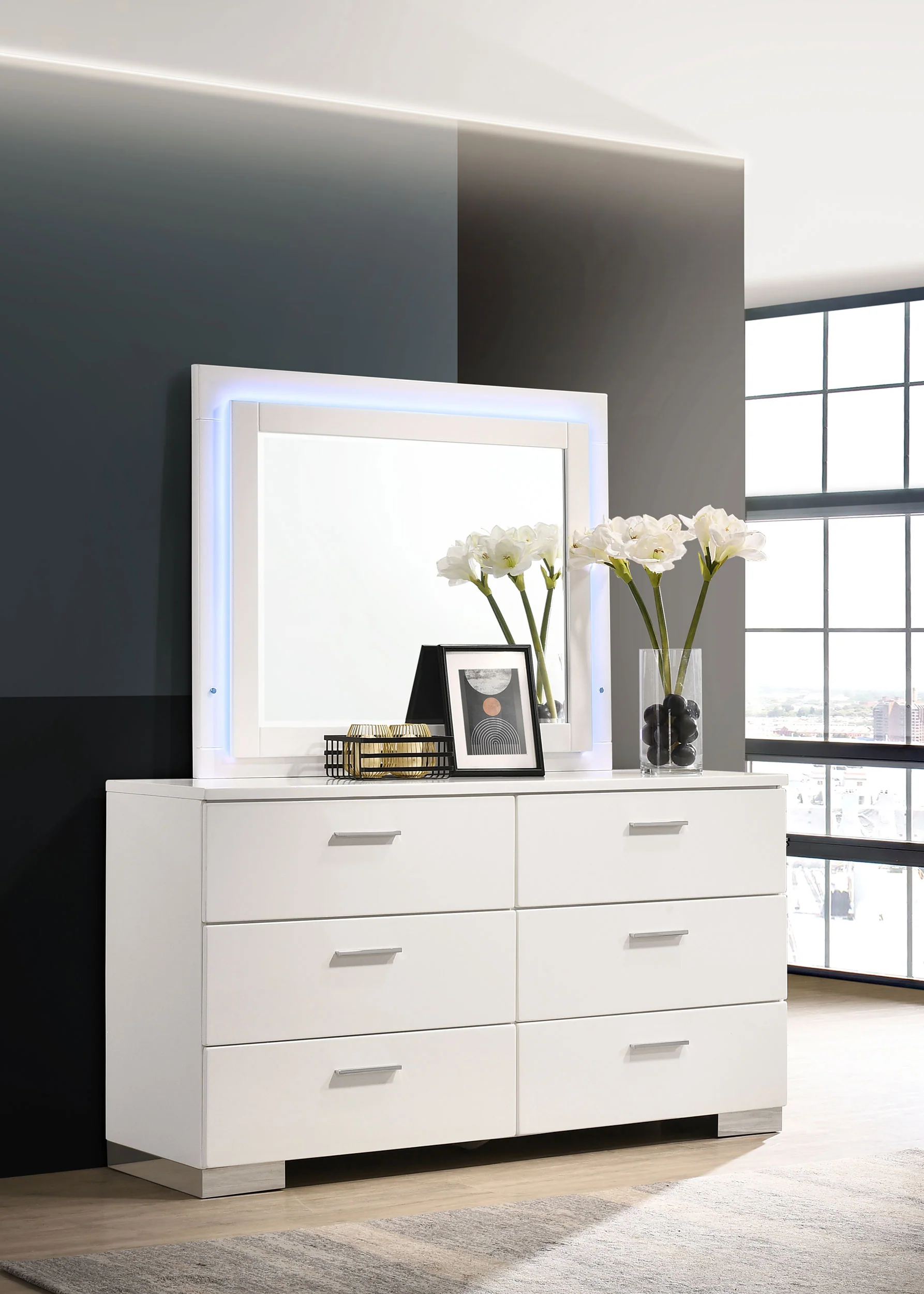 Felicity 6-Drawer Dresser with LED Mirror - White High Gloss - Image 5